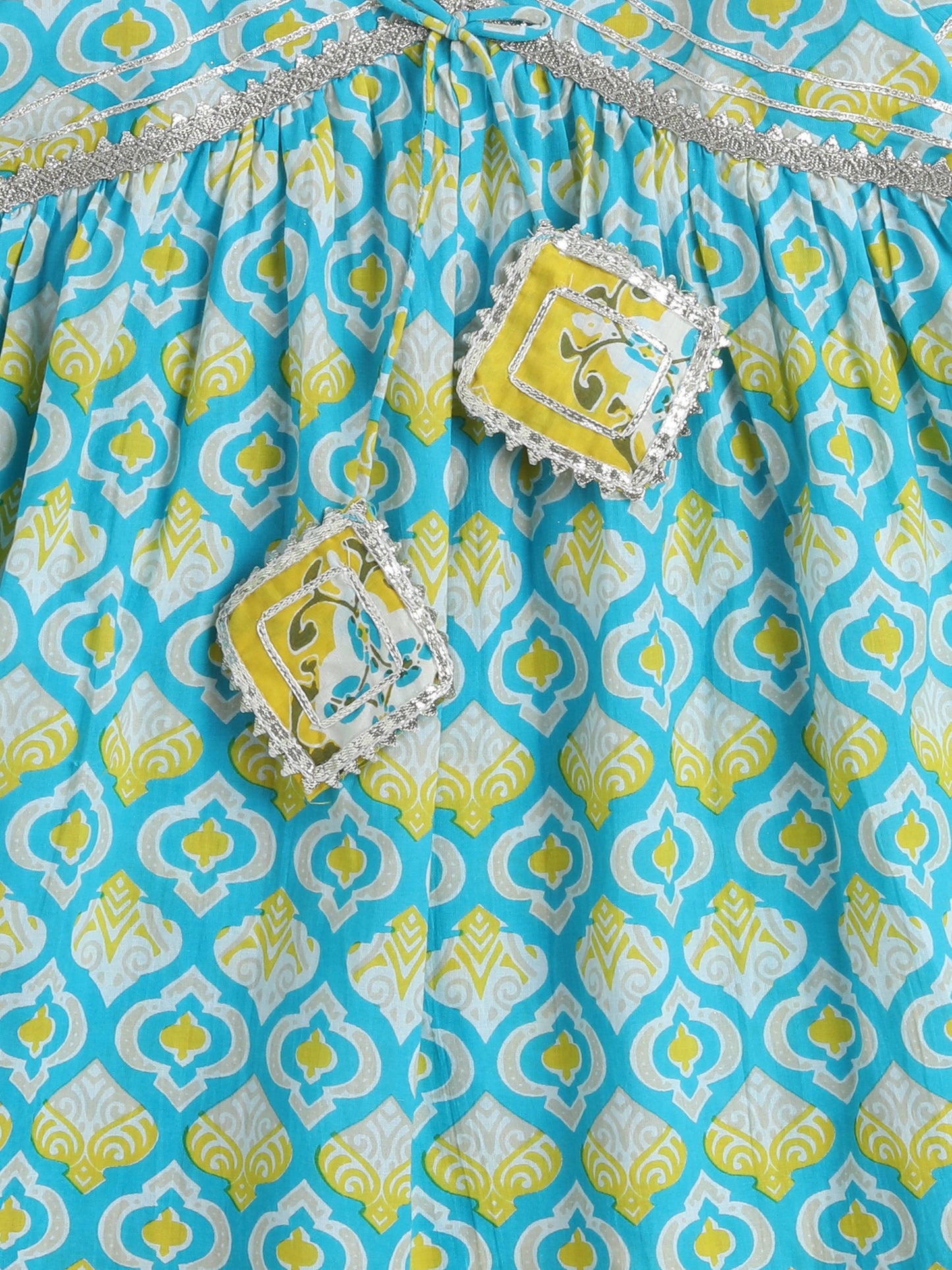 Ikat Printed Short Sleeve Tassled Gathered Aliya Cut Kurta with Straight Pants With Dupatta-Turquoise