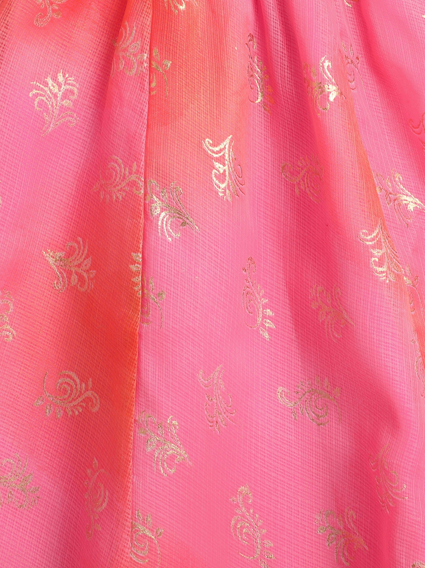 Kota Doriya Foil Printed Sleeveless Laced Choli With Attached Dupatta Lehenga Set-Pink