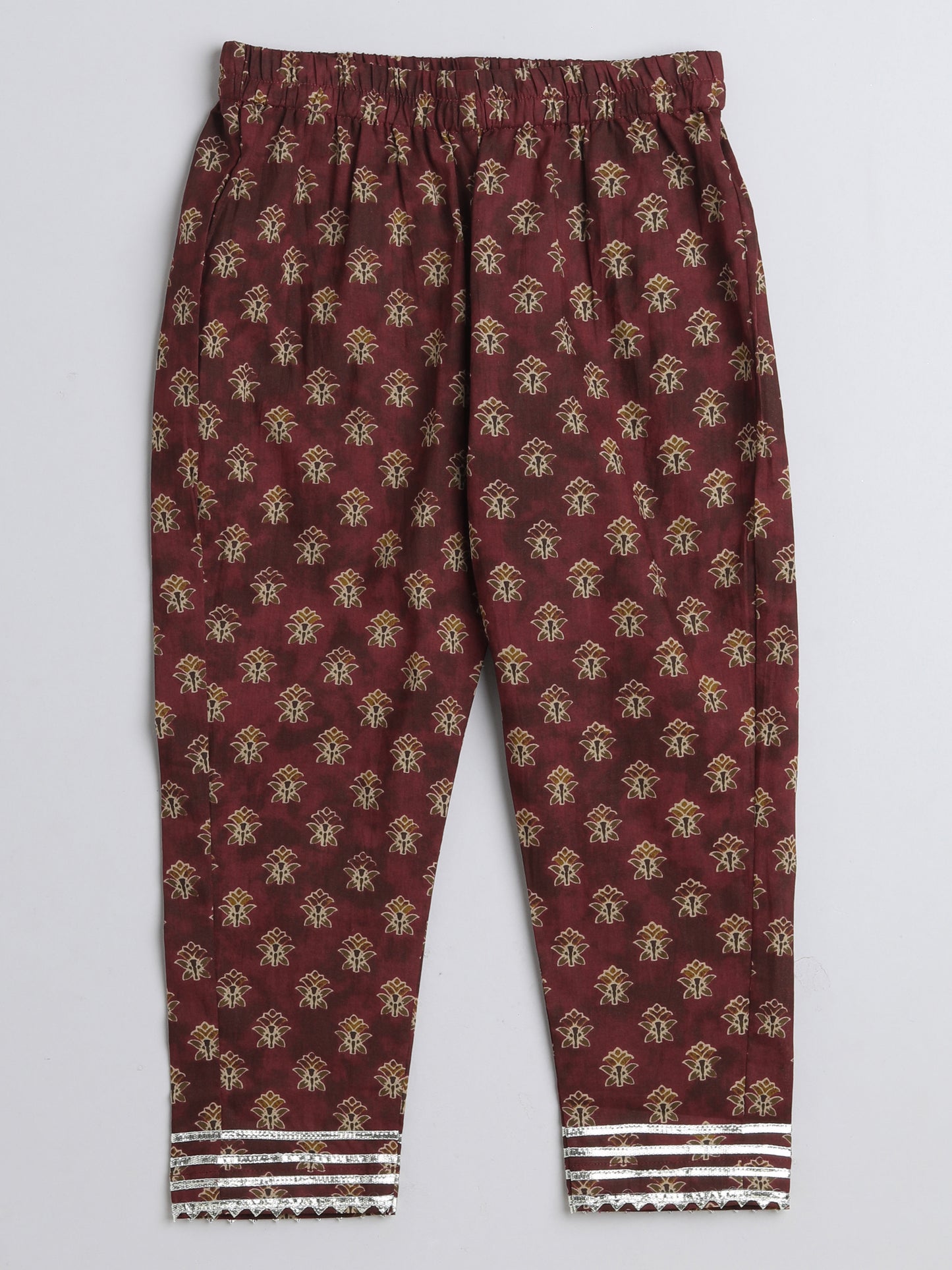 Floral Printed Elbow Sleeves Gota Lace Embelished Aline Kurta with Straight Pants With Dupatta For Girls-Maroon