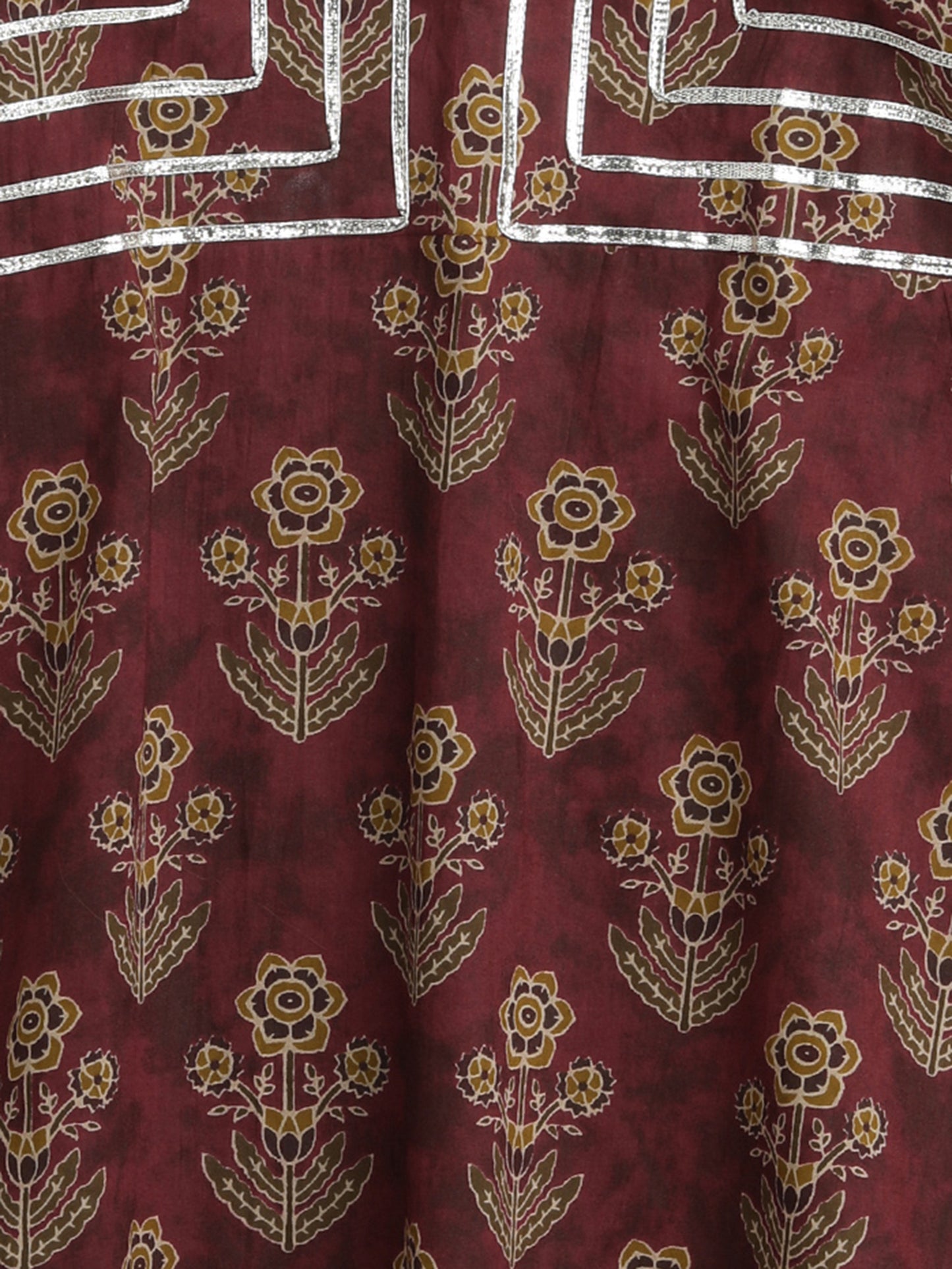 Floral Printed Elbow Sleeves Gota Lace Embelished Aline Kurta with Straight Pants With Dupatta For Girls-Maroon