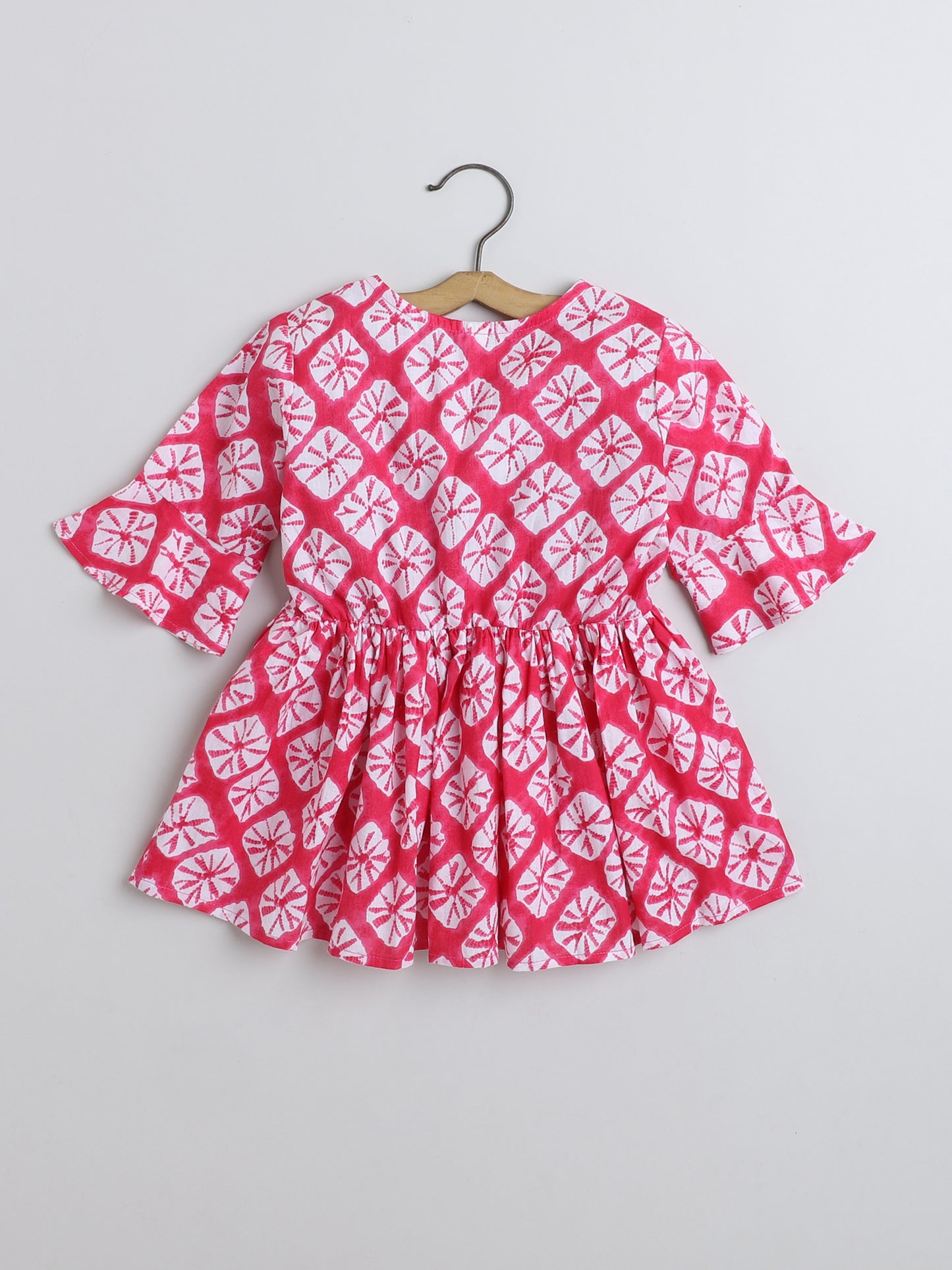 Cotton Three Fouth Sleeves Gathered Blocks Printed Top with Tassels -Fuchsia