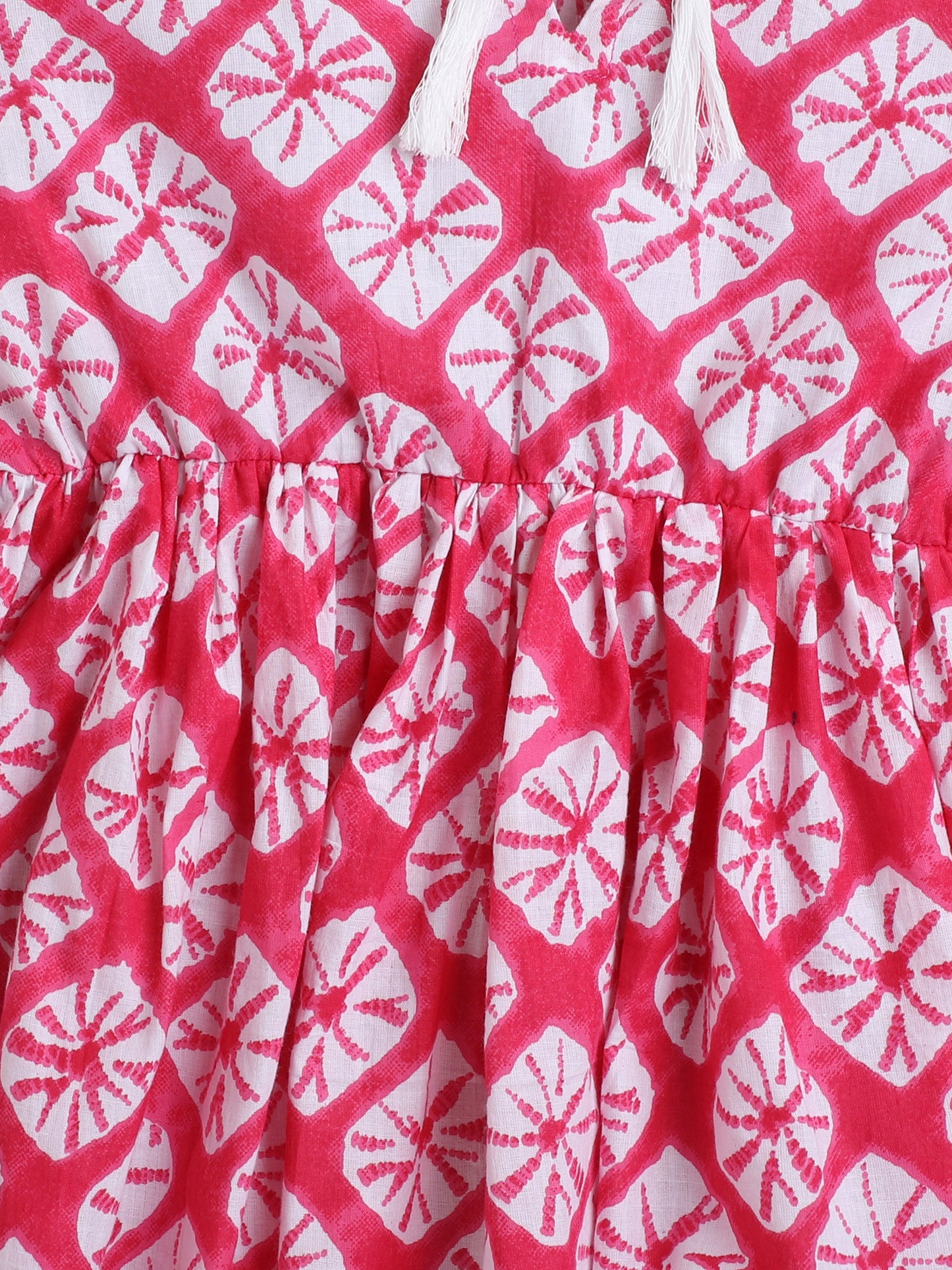 Blocks Printed Cotton Three Fouth Sleeves Gathered Top with Tassels - Fuchsia