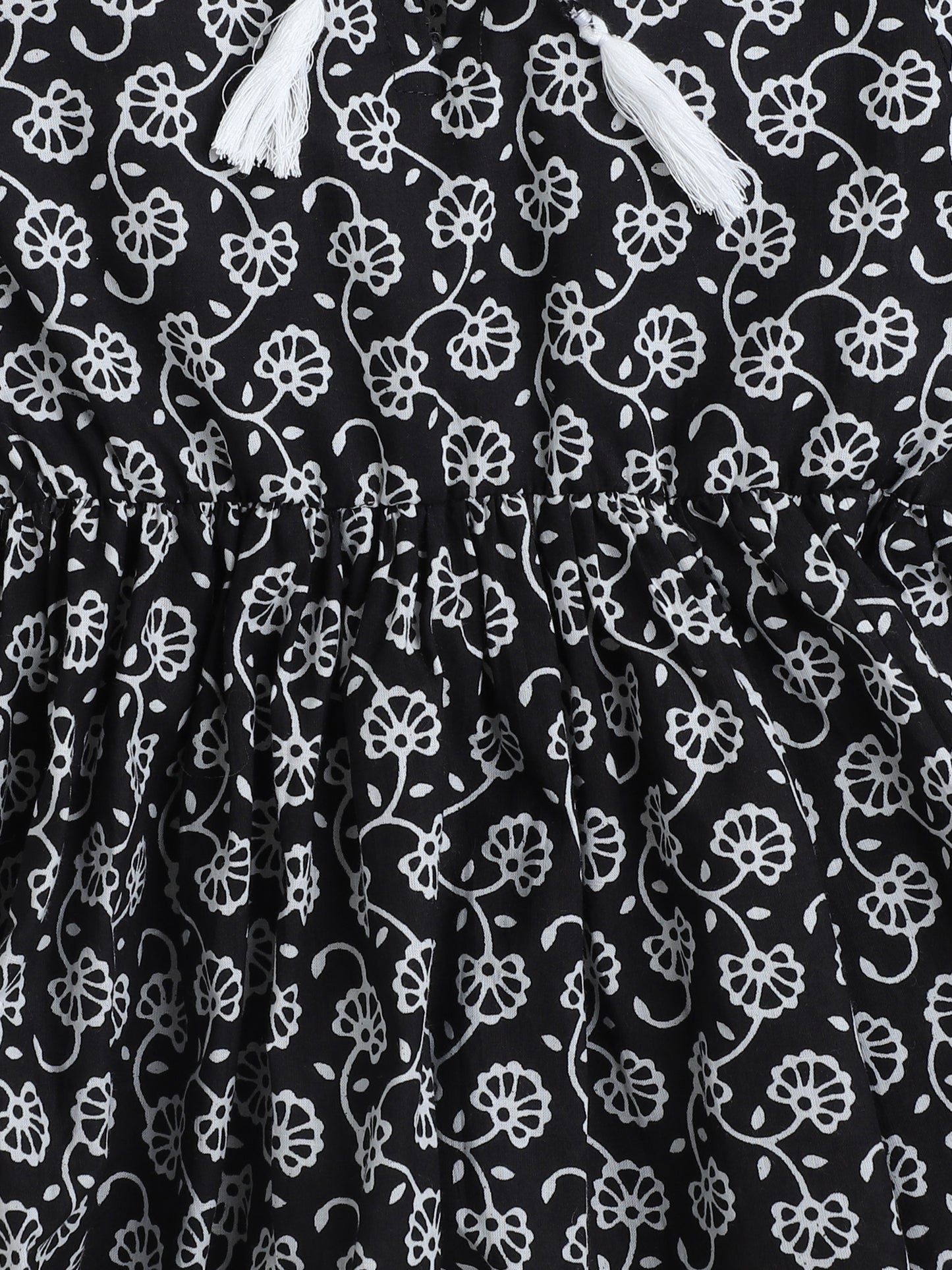Floral Printed Cotton Three Fourth Sleeves Gathered Round Neck Top with Tassel - Black