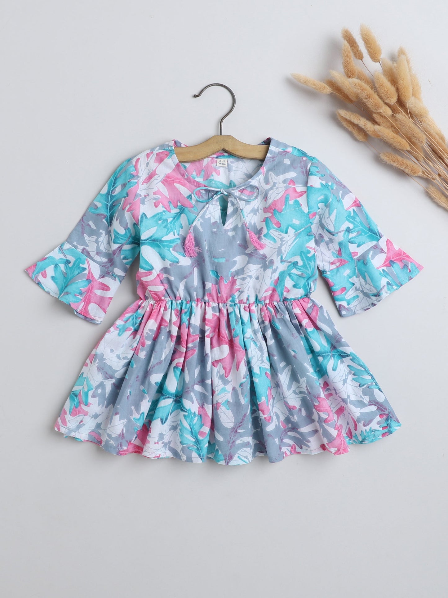 Three Fouth Sleeves Gathered Leaf Printed Top with Tassels-Blue