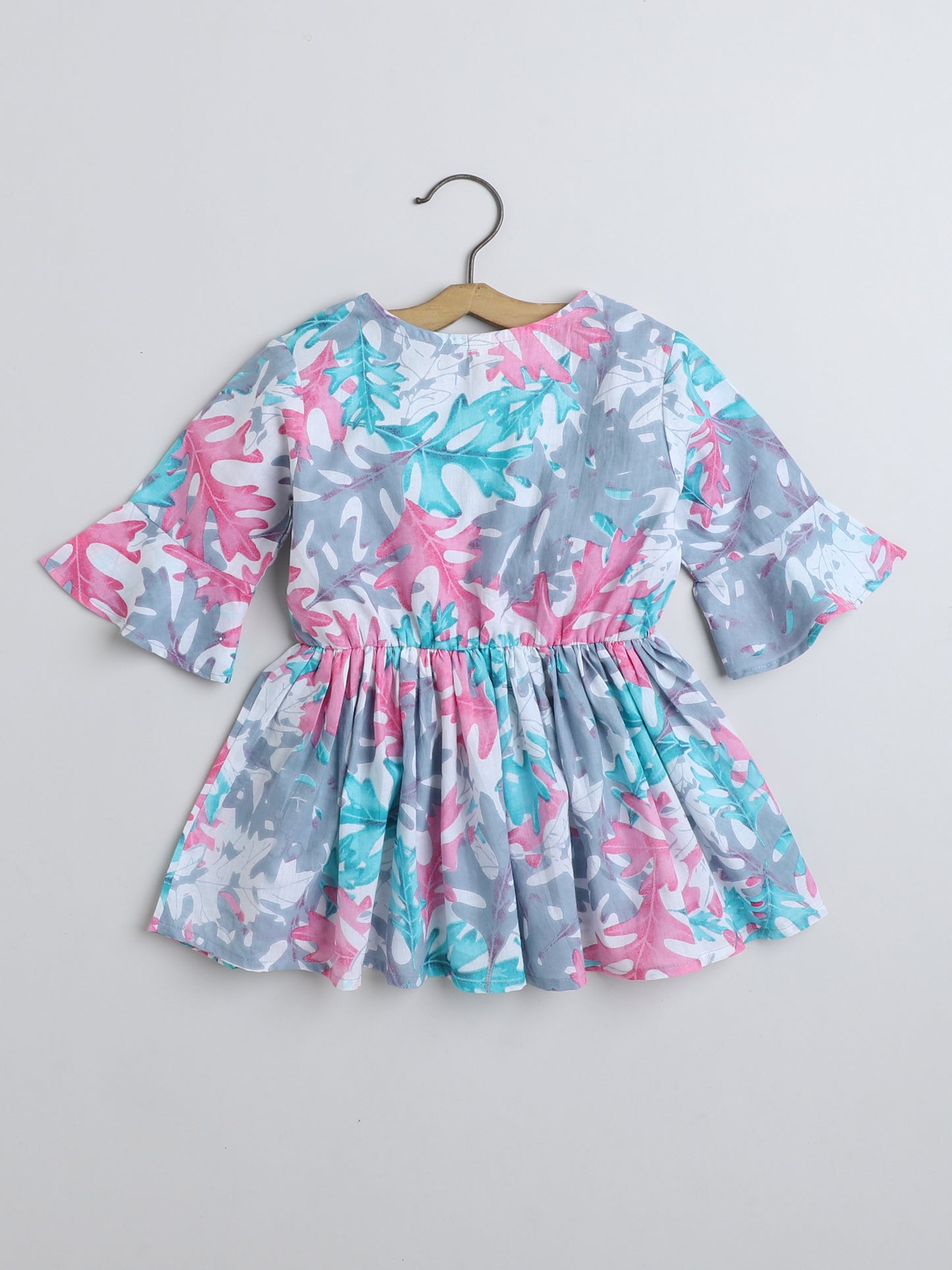 Three Fouth Sleeves Gathered Leaf Printed Top with Tassels-Blue