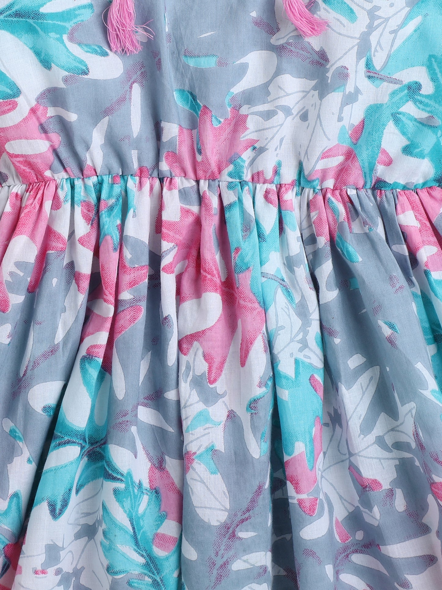 Leaf Printed Cotton Three Fouth Sleeves Gathered Top with Tassels - Blue