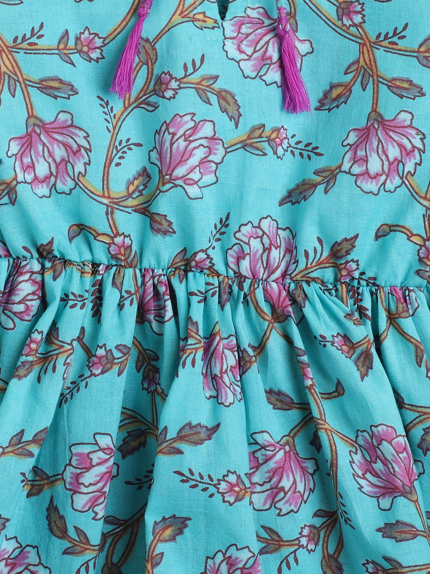 Floral Printed Cotton Three Fouth Sleeves Gathered Round Neck Top With Tassels - Teal Blue