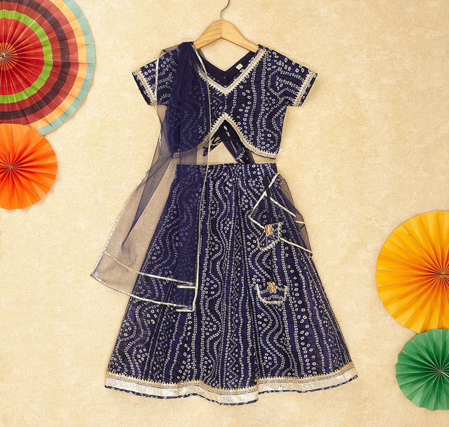 Festive Kota Doria Lace Embellished Cap Sleeves Choli with Lehenga and Dupatta Set-Blue
