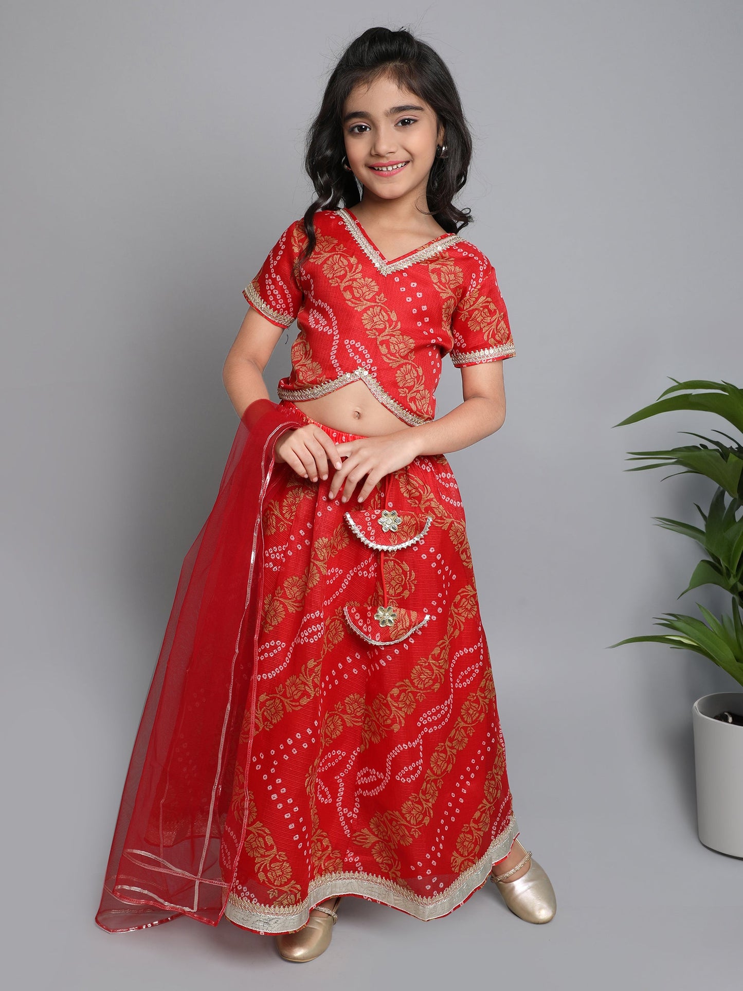 The Magic Wand Festive Kota Doria Lace Embellished Cap Sleeves Choli with Lehenga and Dupatta Set Red