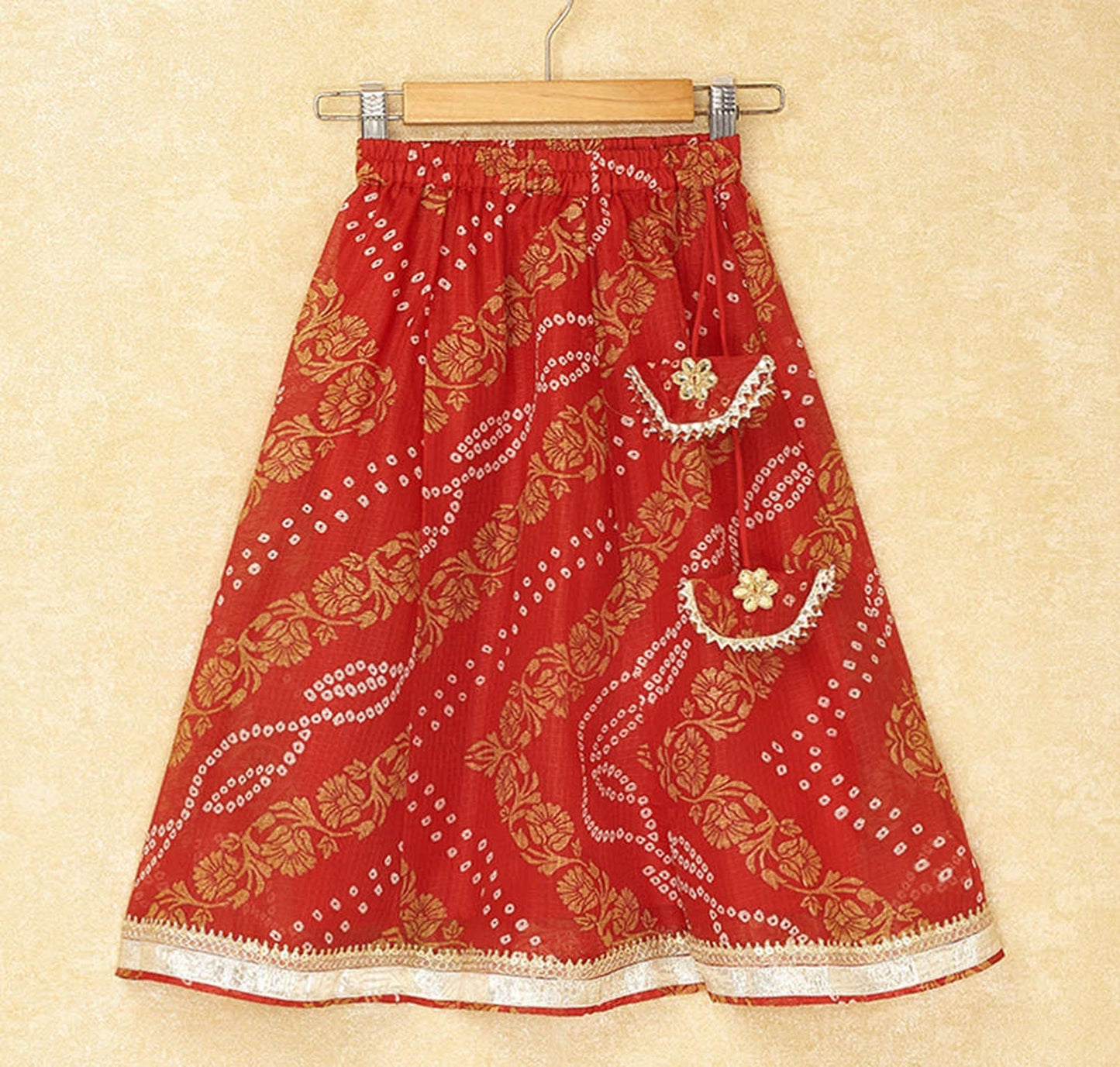 The Magic Wand Festive Kota Doria Lace Embellished Cap Sleeves Choli with Lehenga and Dupatta Set Red