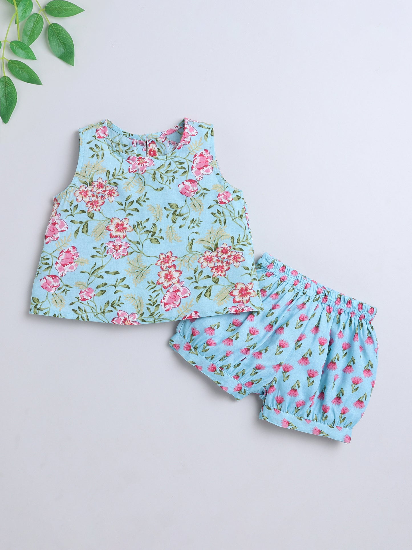 Sleeveless Floral Top and Shorts Night Wear Lounge Wear Set Blue