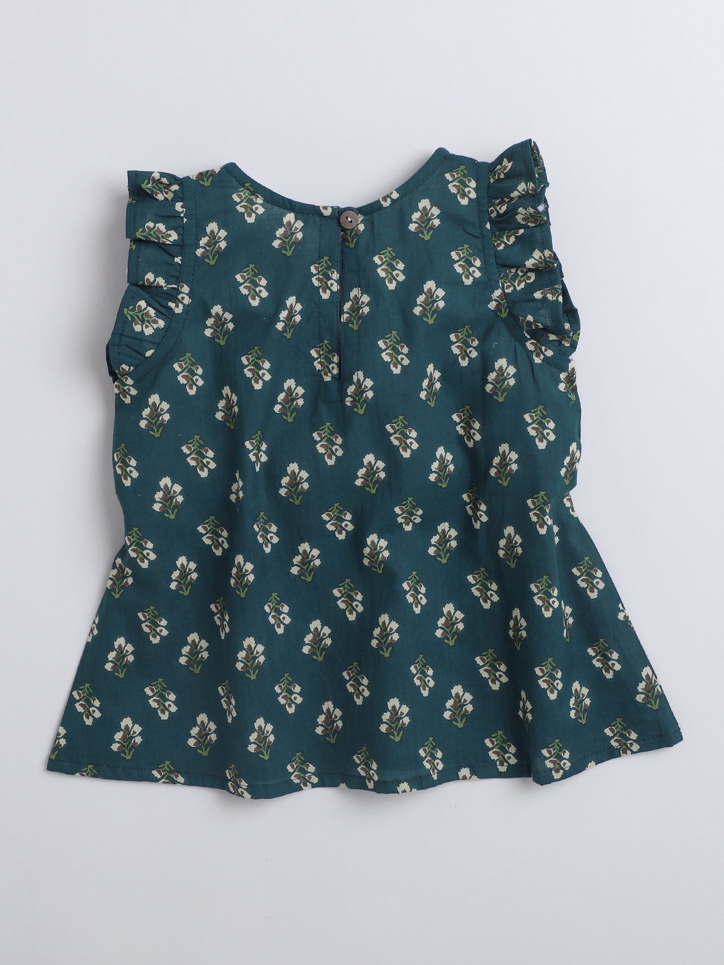 Sustainable Cotton Round Neck Floral Print Frill Sleeves Co ord Sets With Adjustable Dori Around the Waist Teal