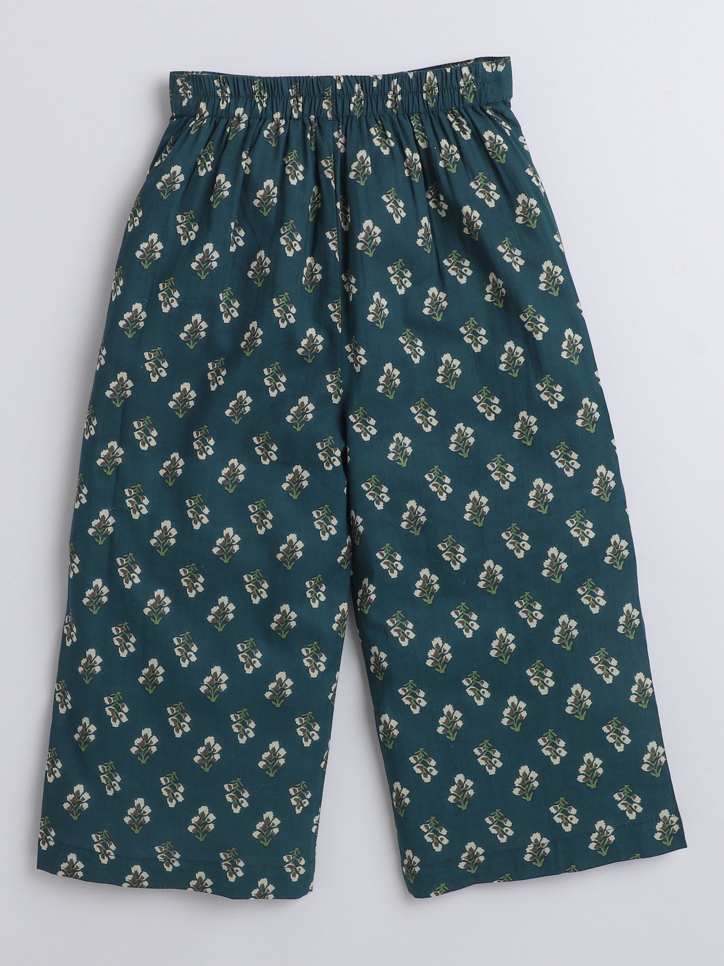 Sustainable Cotton Round Neck Floral Print Frill Sleeves Co ord Sets With Adjustable Dori Around the Waist Teal