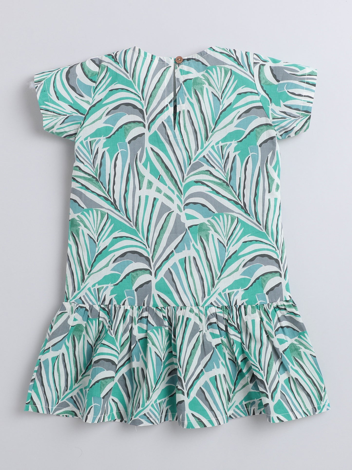 Sustainable Cotton Round Neck Leaf Print Short Sleeves Frill Detailed Dress-Turquoise