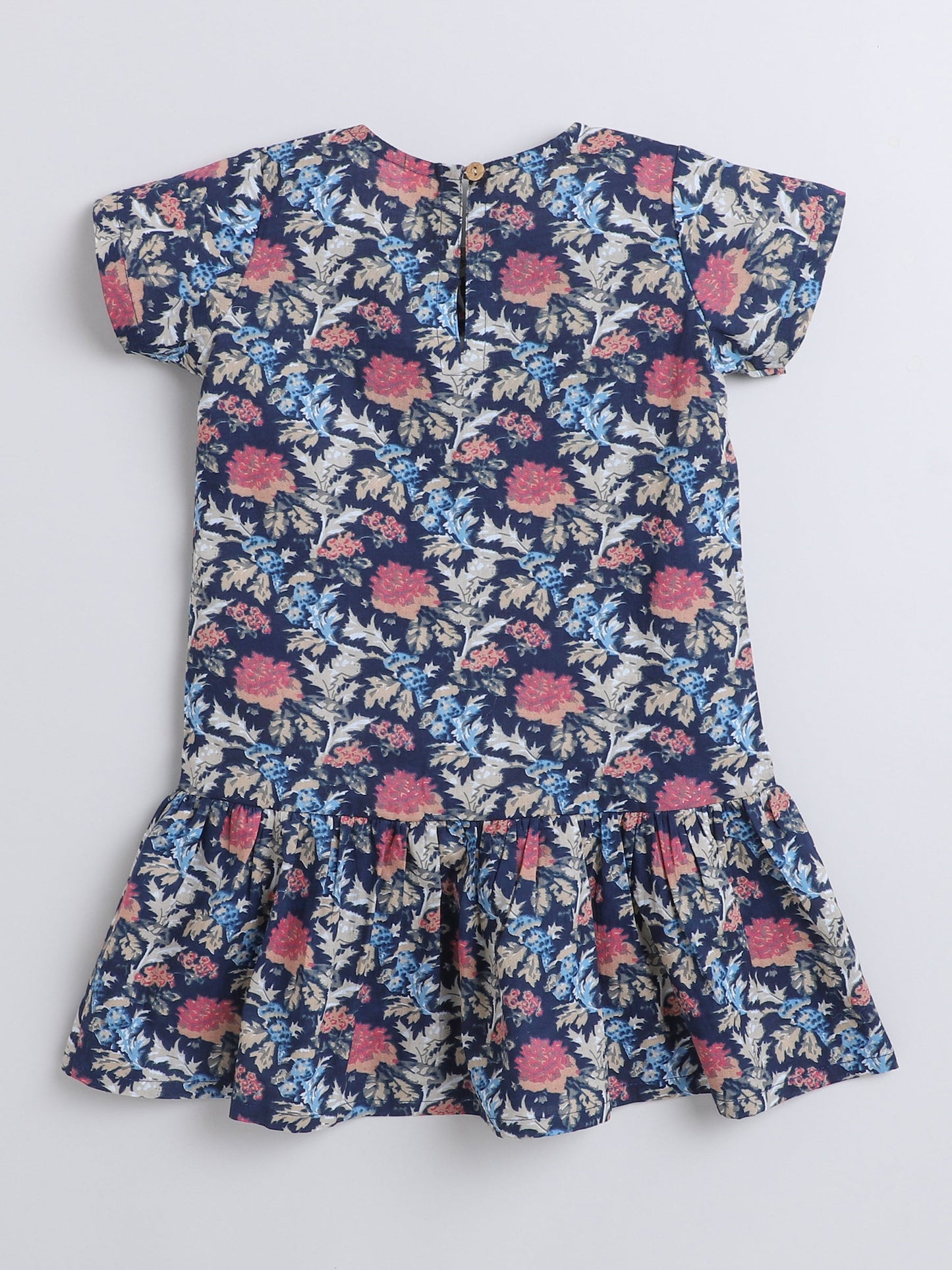 Cotton Half Sleeves Floral Printed Dress - Navy Blue