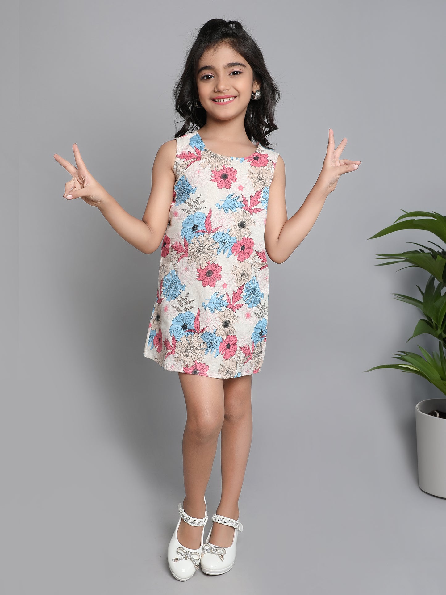 Sustainable Cotton Dress Round Neck Floral Print Sleeveless A-Line Dress- Pink