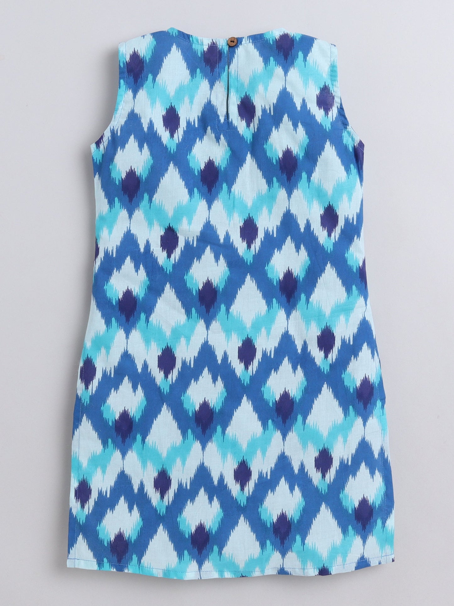 Cotton Sleeveless Ikat Motif Printed A Line Dress - Blue