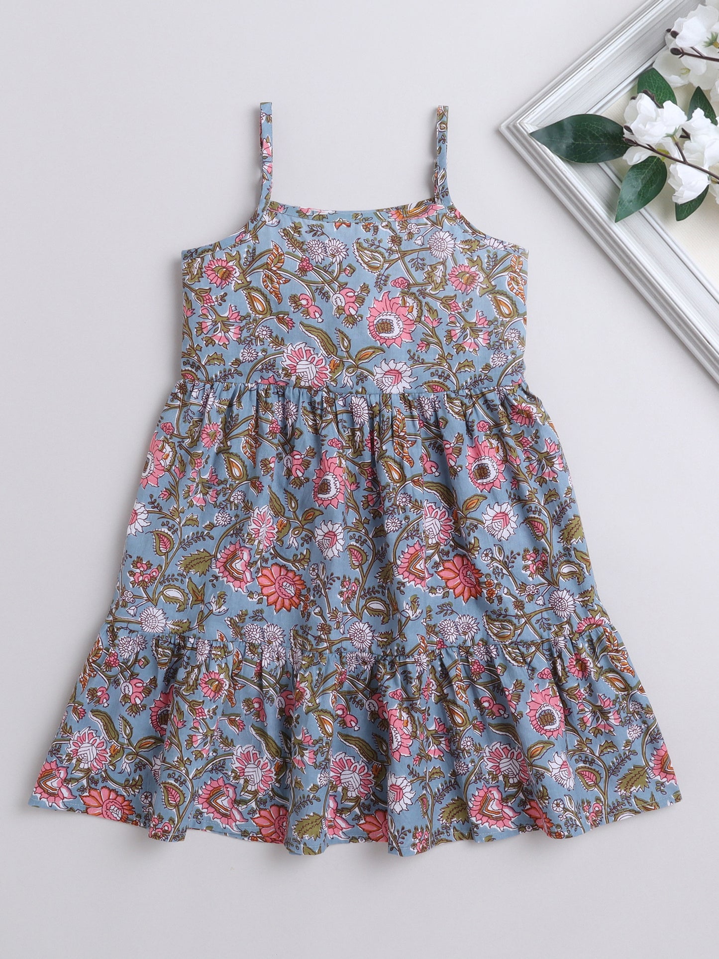 Singlet Floral Printed Cotton Sustainable Sleeveless Strappy Tiered Dress-Grey