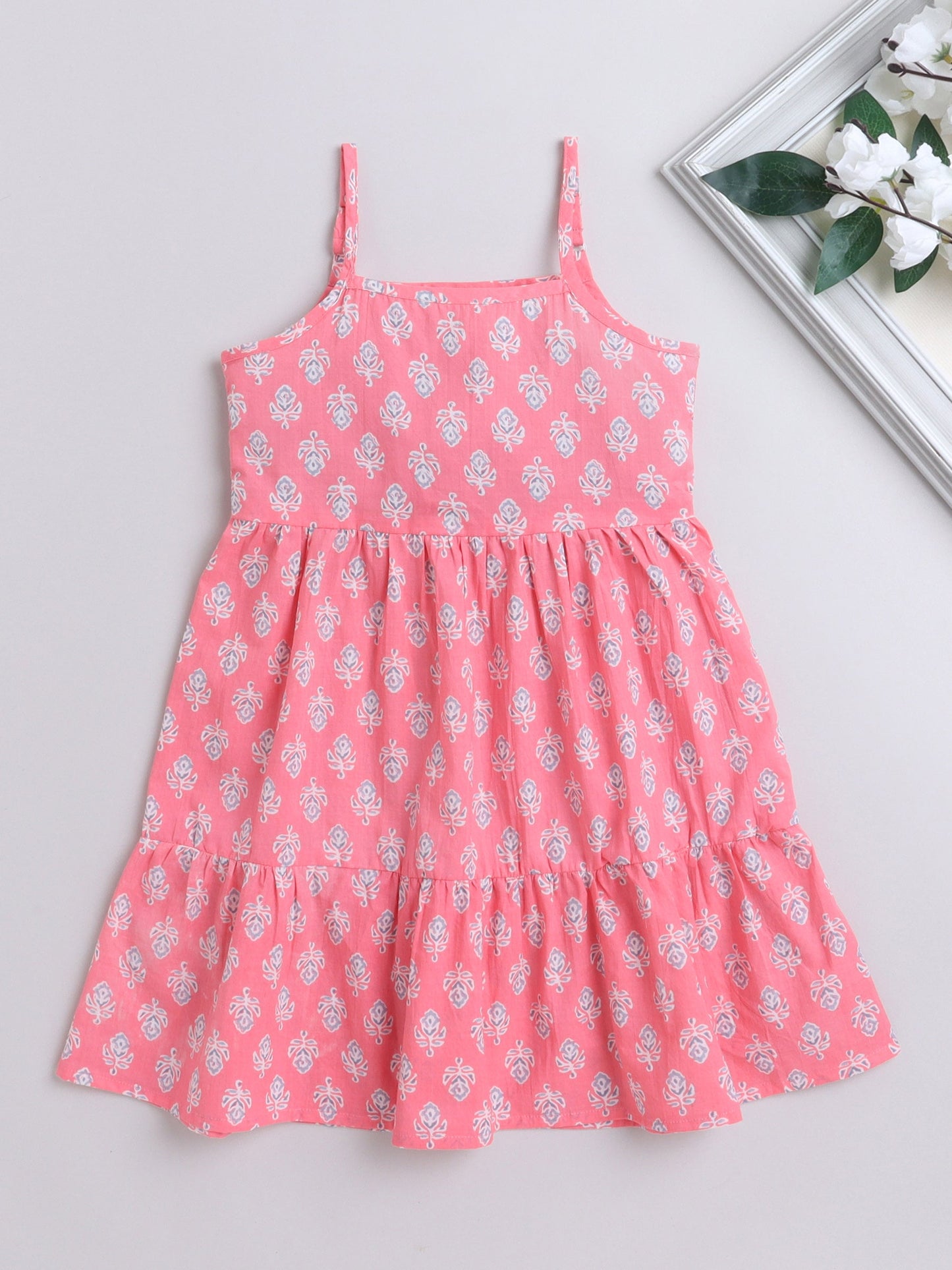The Magic Wand Singlet Floral Printed Cotton Sustainable Sleeveless Strappy Tiered Dress Pink