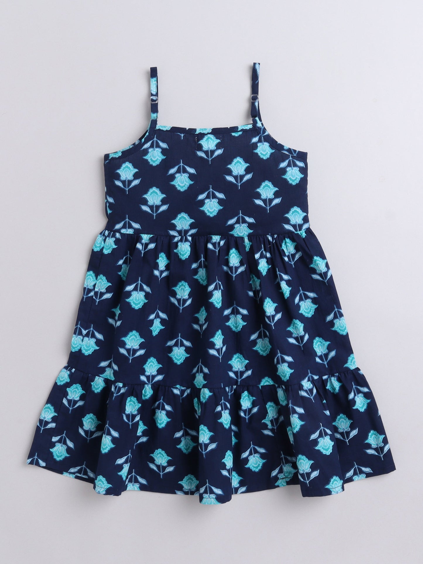 Sleeveless Floral Motif Printed Tiered Fit & Flare Cotton Dress - Navy Blue