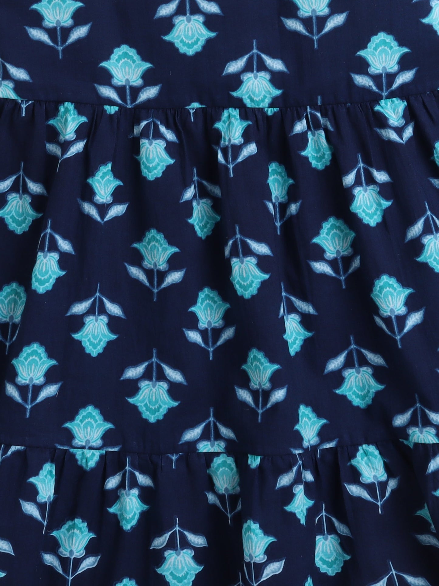 Sleeveless Floral Motif Printed Tiered Fit & Flare Cotton Dress - Navy Blue