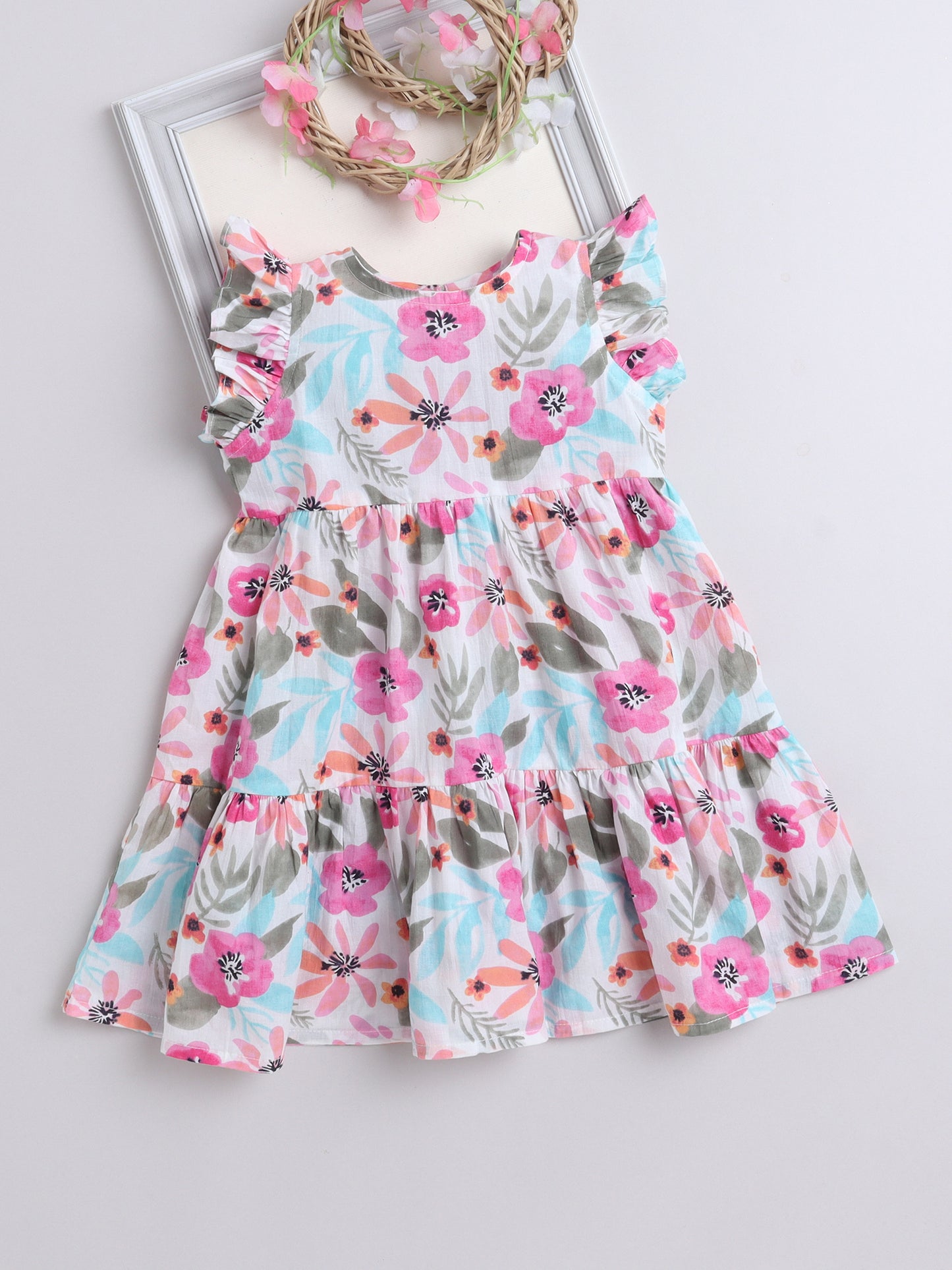 Cotton Frill Sleeves Floral Printed Fit & Flare Dress-White