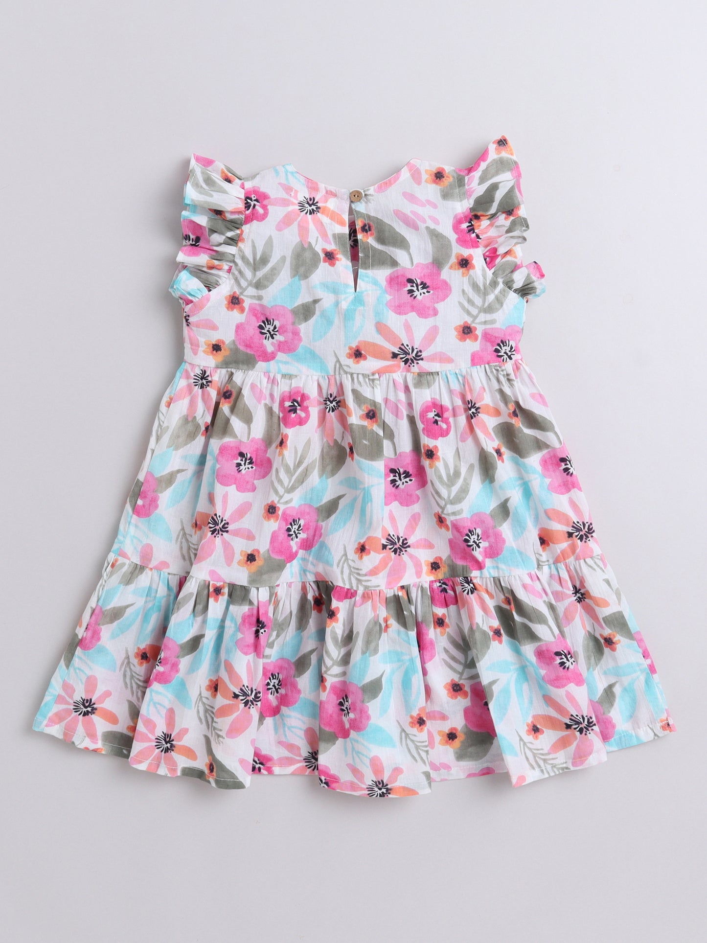 Cotton Frill Sleeves Floral Printed Fit & Flare Dress-White