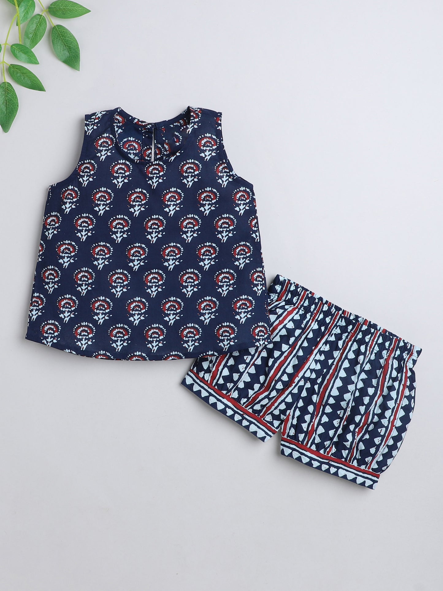 Cotton Floral Printed Sleeveless Top and Shorts Night Wear Lounge Wear Set Navy Blue