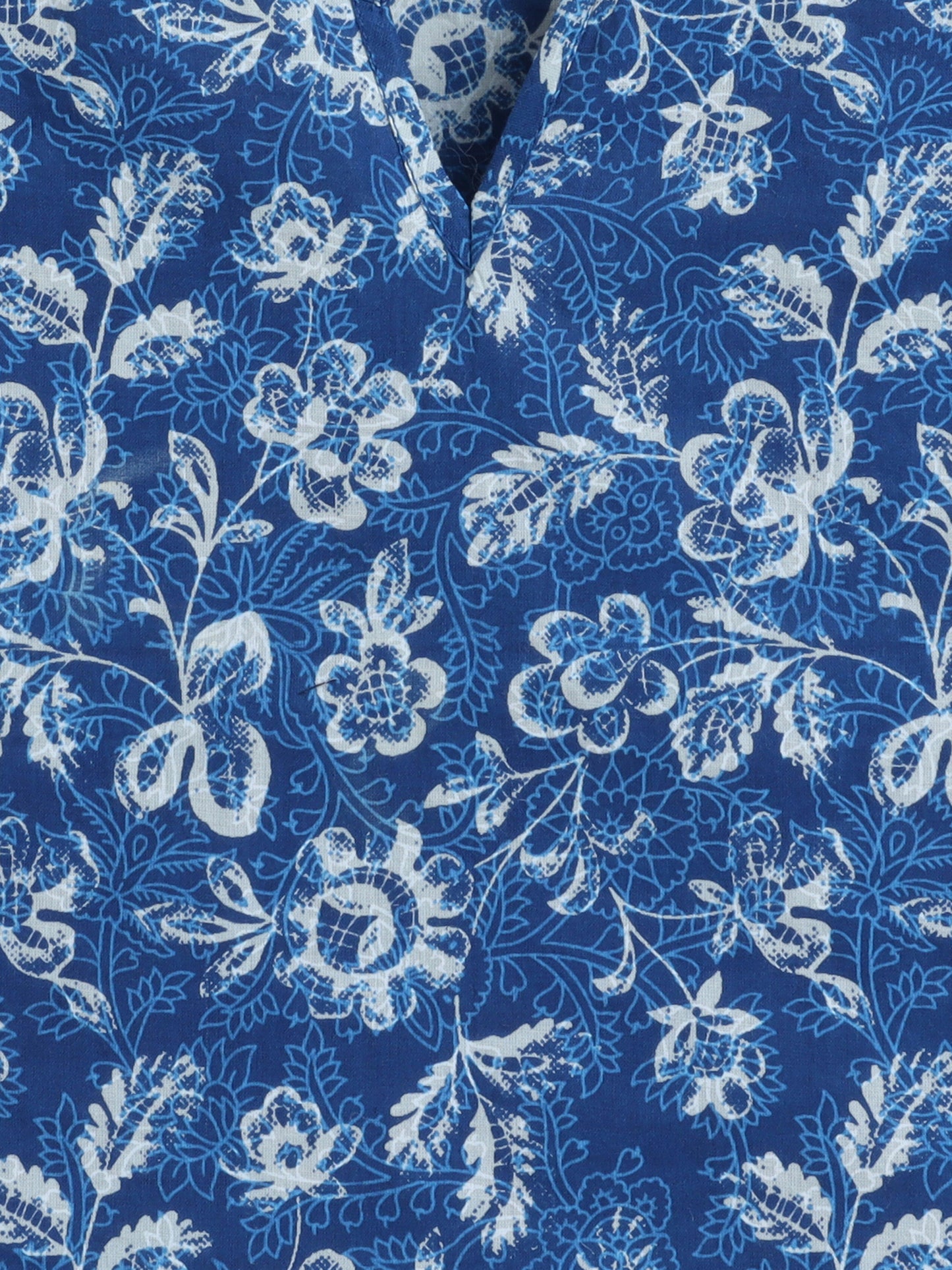 Floral Printed Cotton Frill Sleeves V Neck Top - Blue