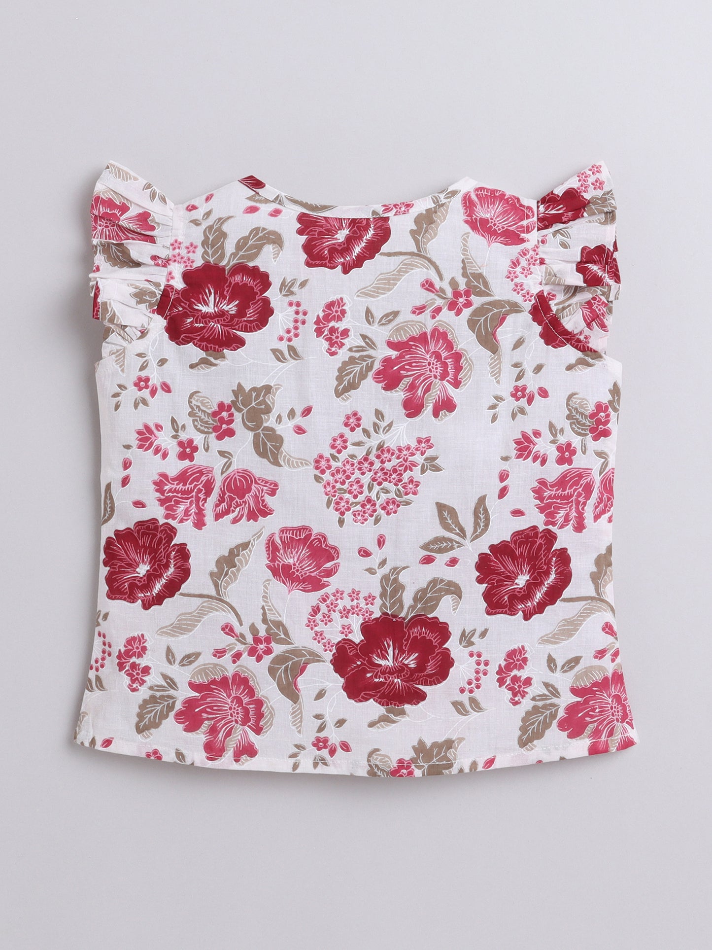 Cotton Frill Sleeves V Neck Floral Printed Top -White
