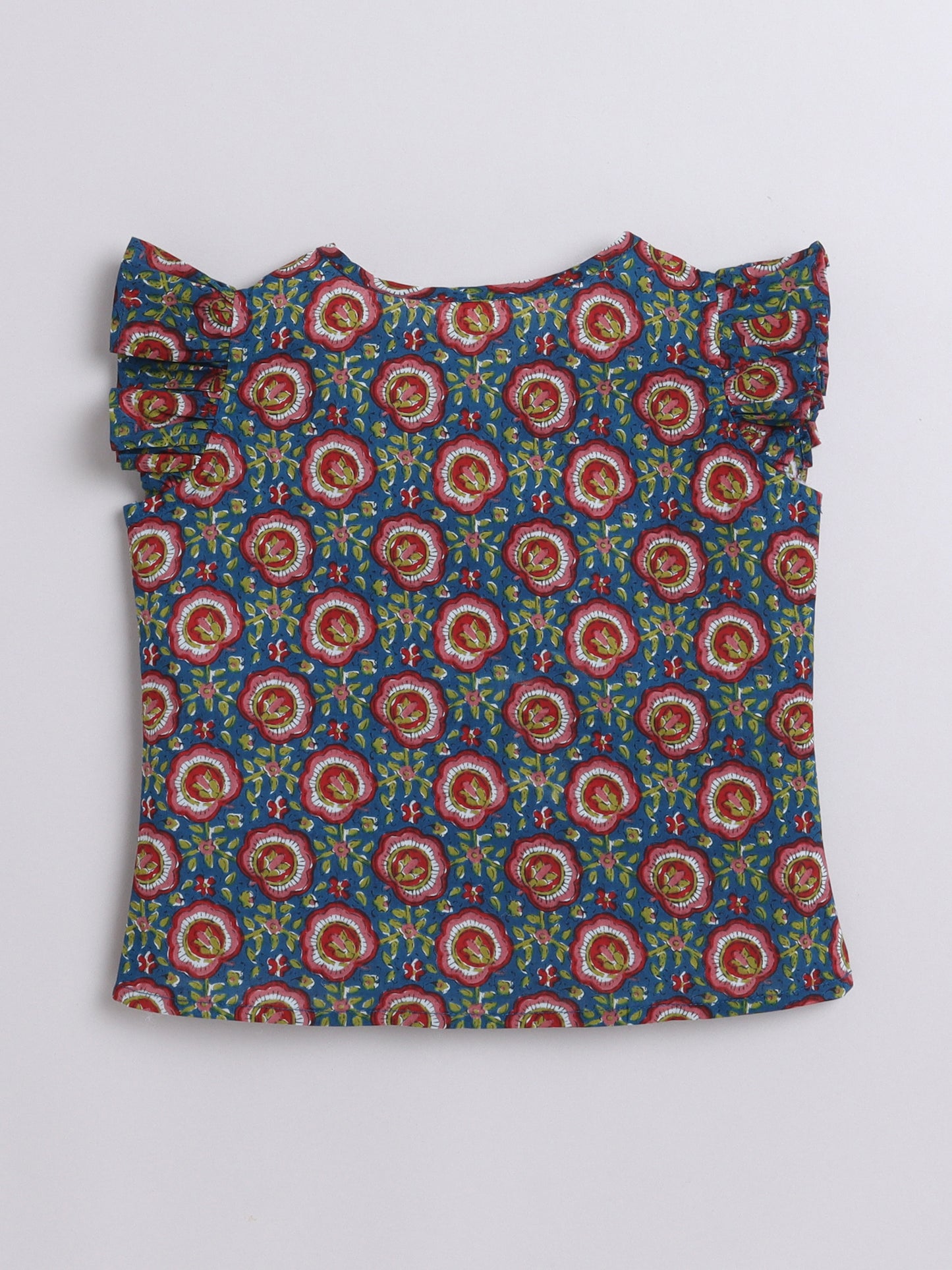 Cotton Frill Sleeves V Neck Floral Printed Top-Teal