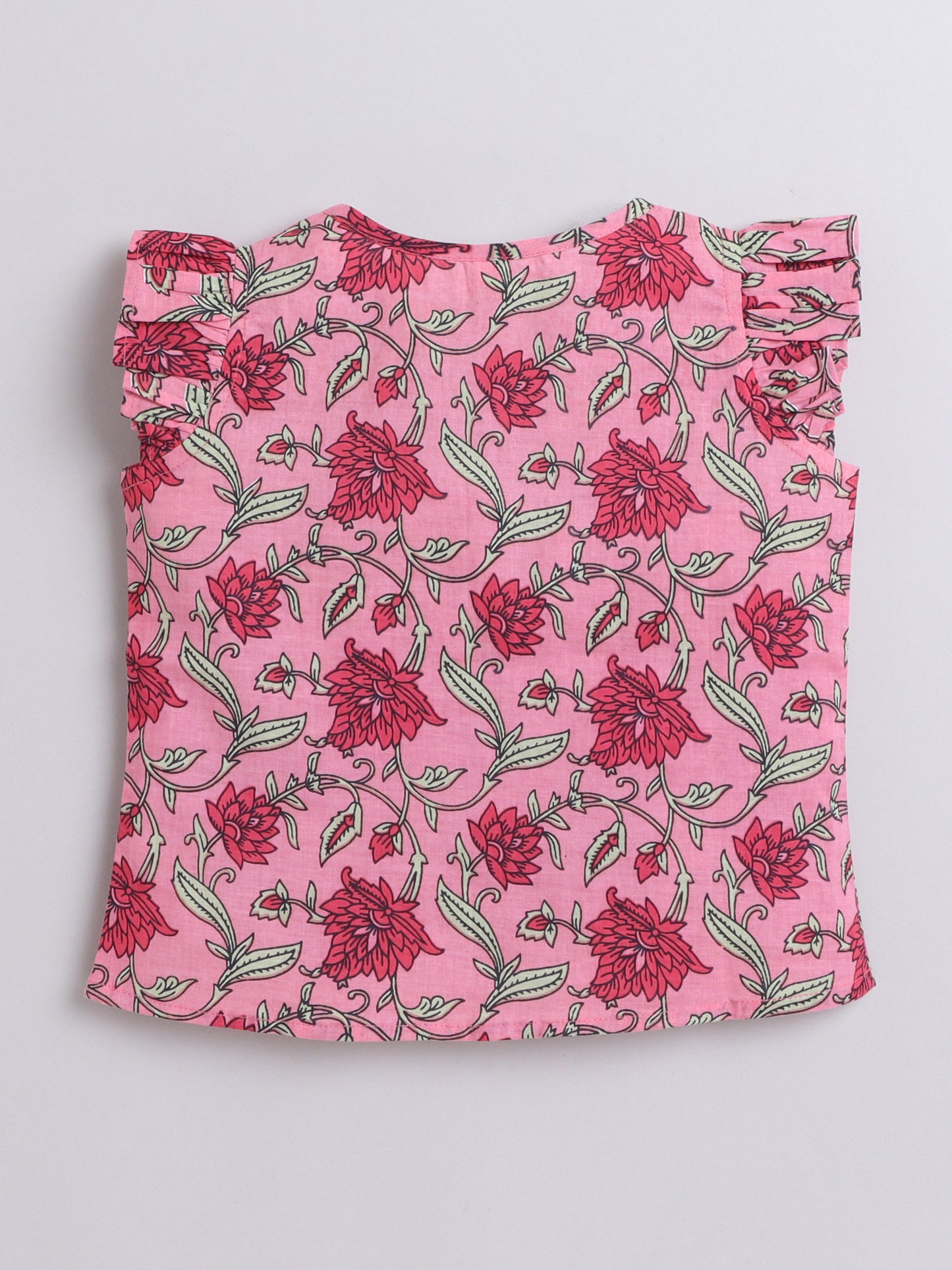 Cotton Frill Sleeves V Neck Floral Printed Top-Pink