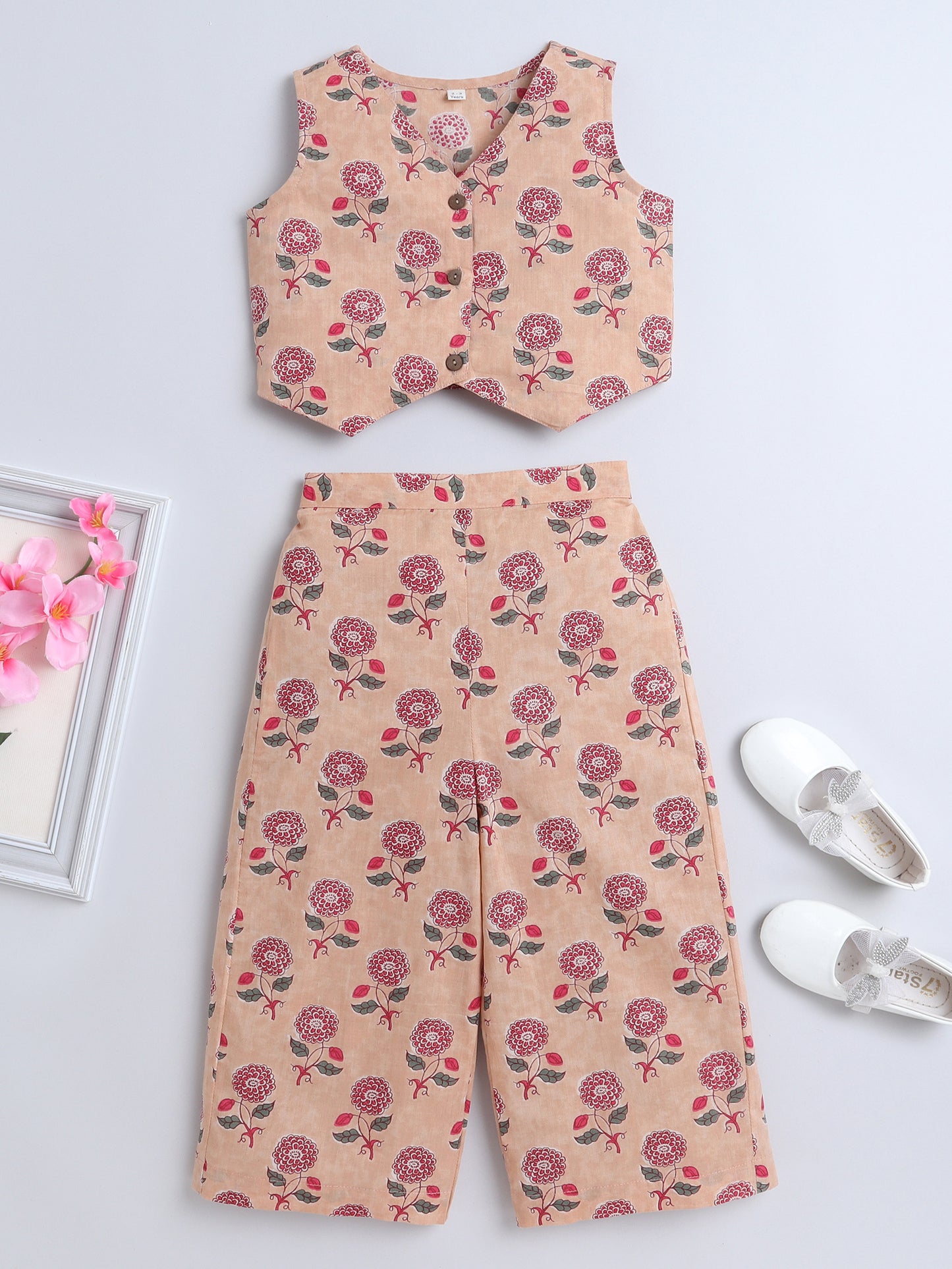 Sustainable Floral Printed Sleeveless Waist Co ord Sets-Peach