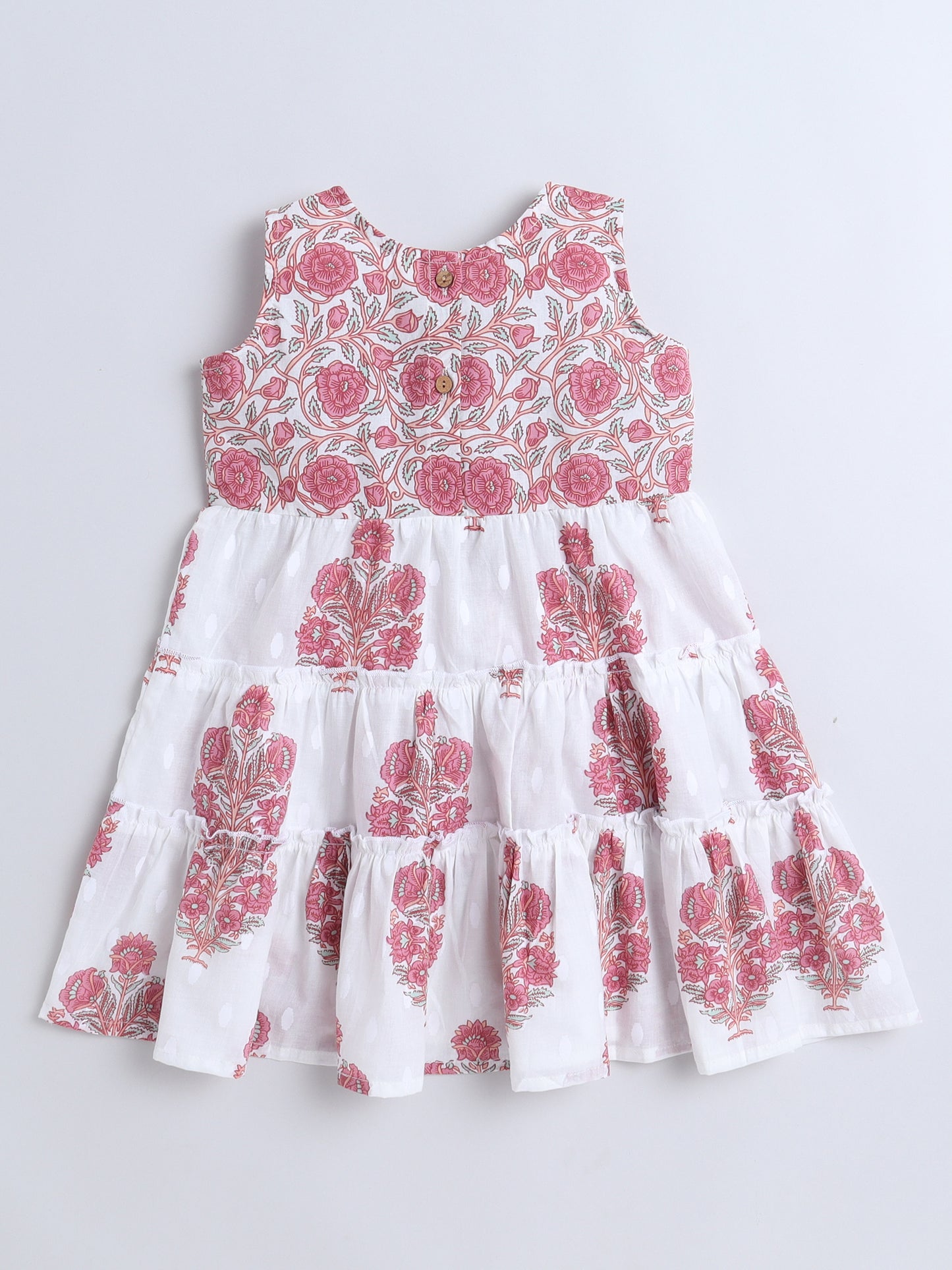 Sleeveless Floral Printed Lace Embelished Dress For Baby Girls-Pink