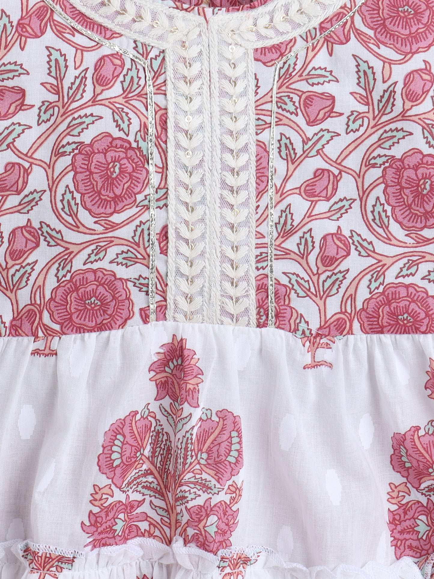 Sleeveless Floral Printed Lace Embelished Dress For Baby Girls-Pink