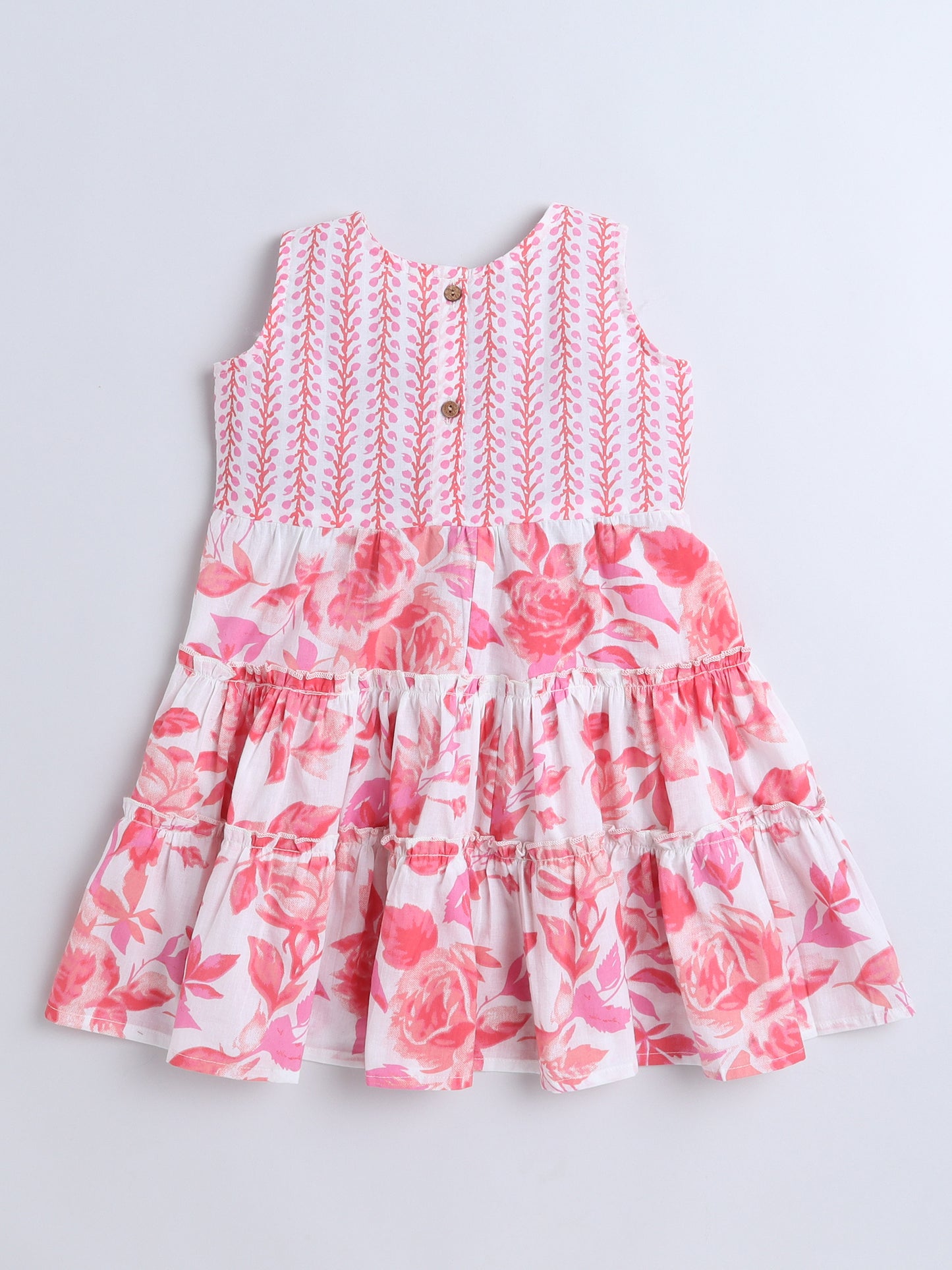 Sleeveless Floral Printed Lace Embelished Dress For Girls-Pink