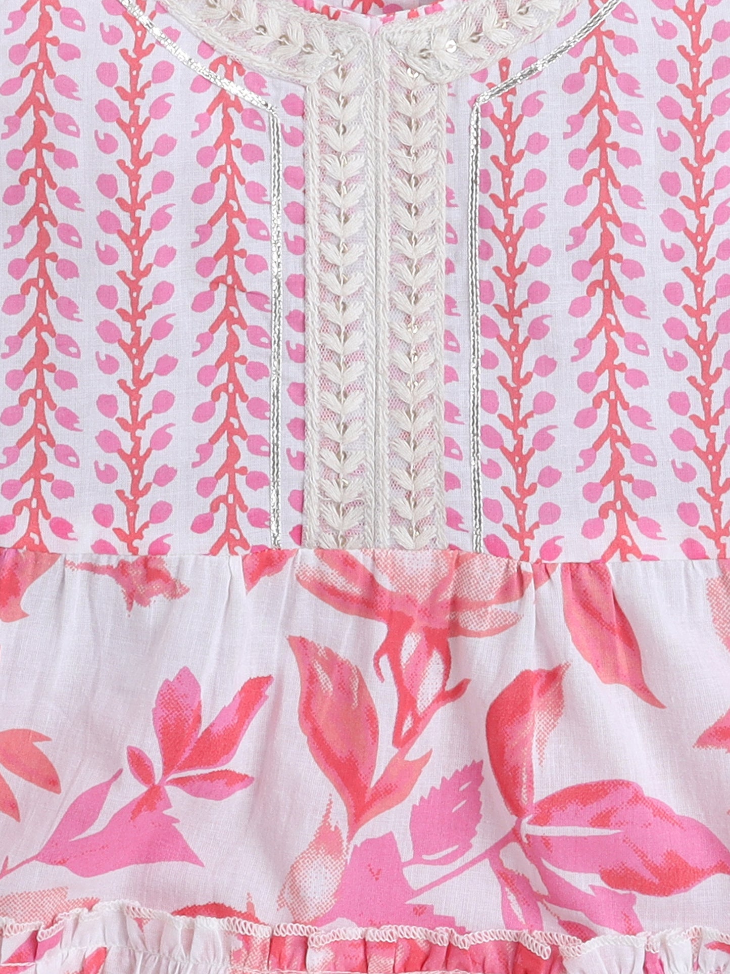 Sleeveless Floral Printed Lace Embelished Dress For Girls-Pink