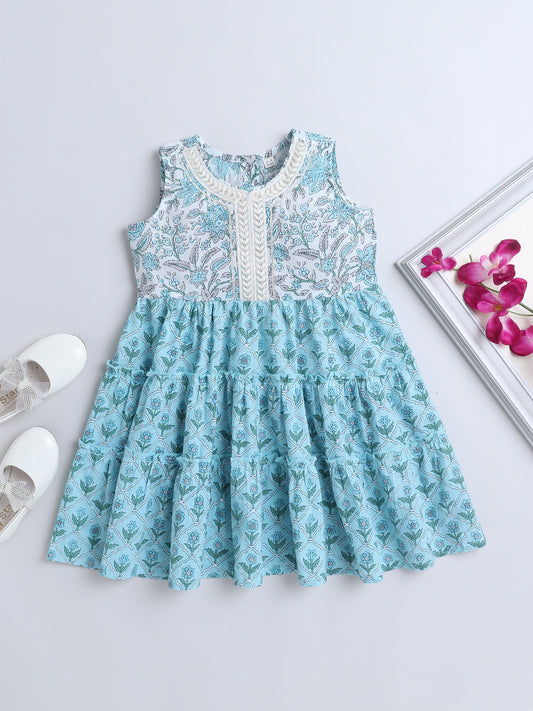 Sleeveless Floral Printed Lace Embelished Dress For Girls-Blue