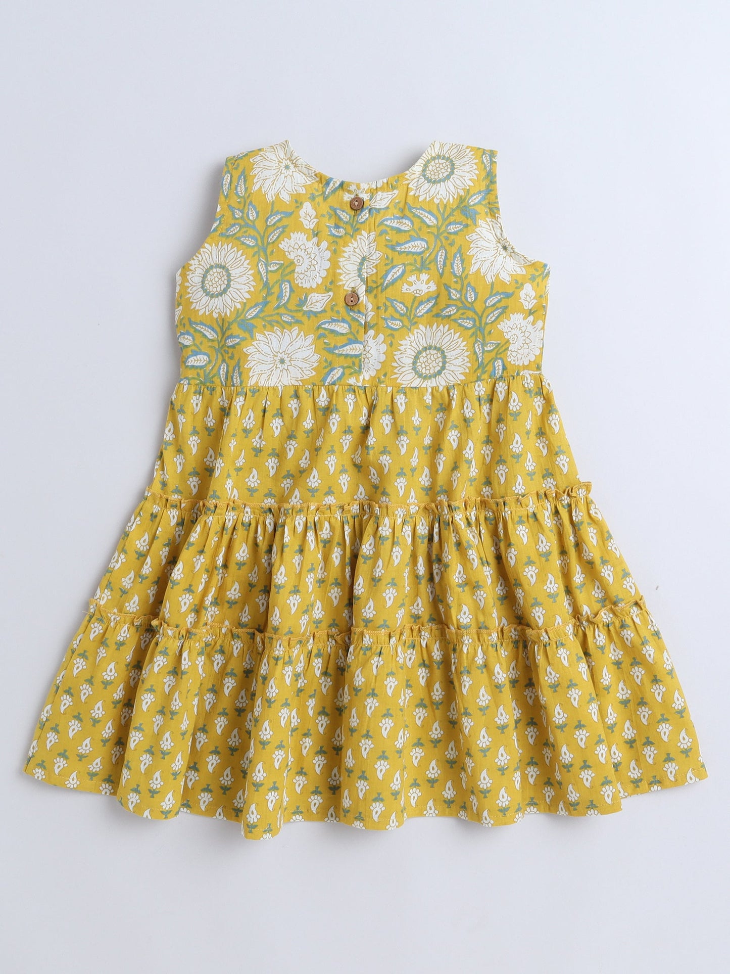 Sleeveless Floral Printed Dress For Girls -Mustard