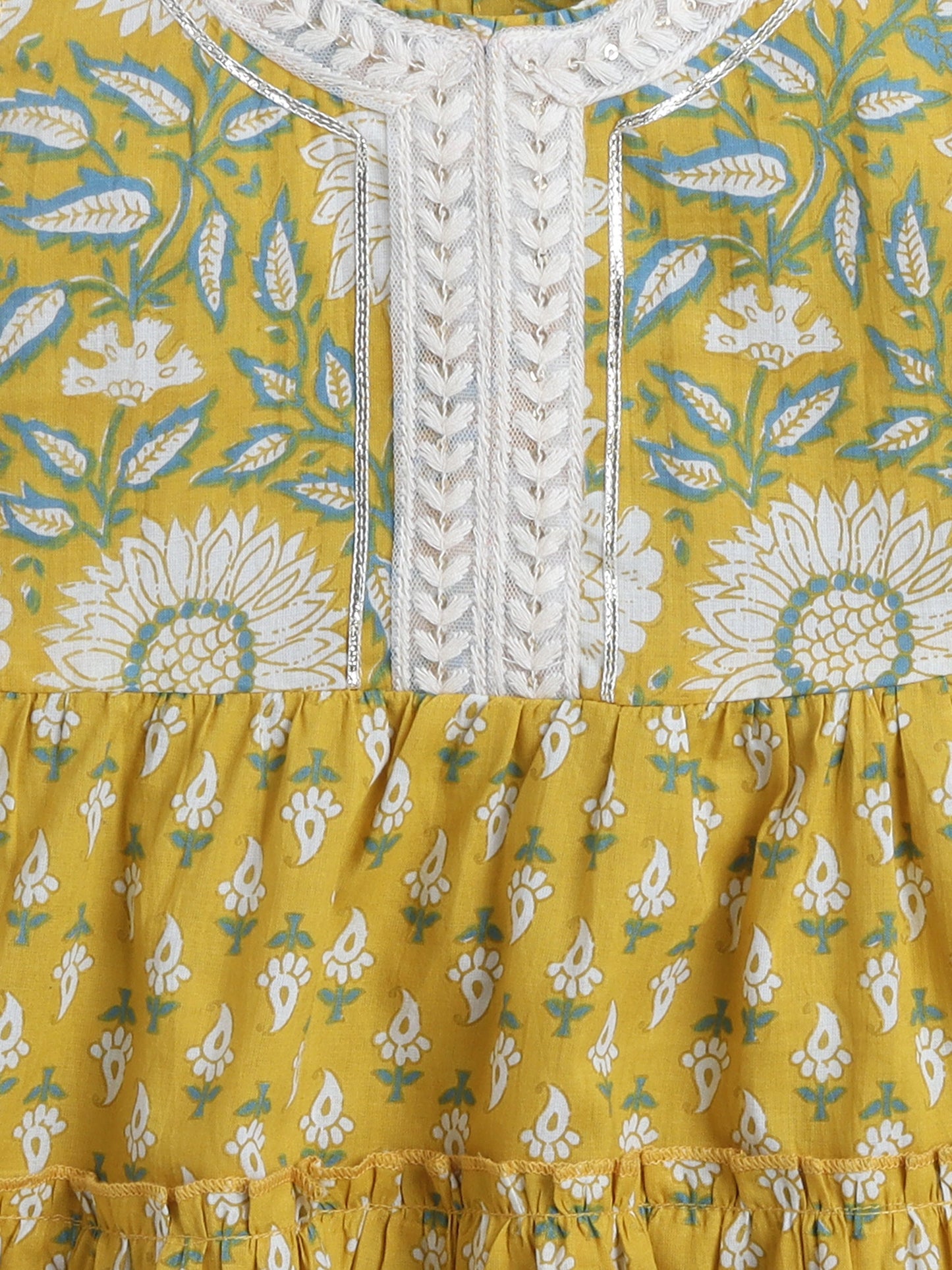 Sleeveless Floral Printed Dress For Girls -Mustard