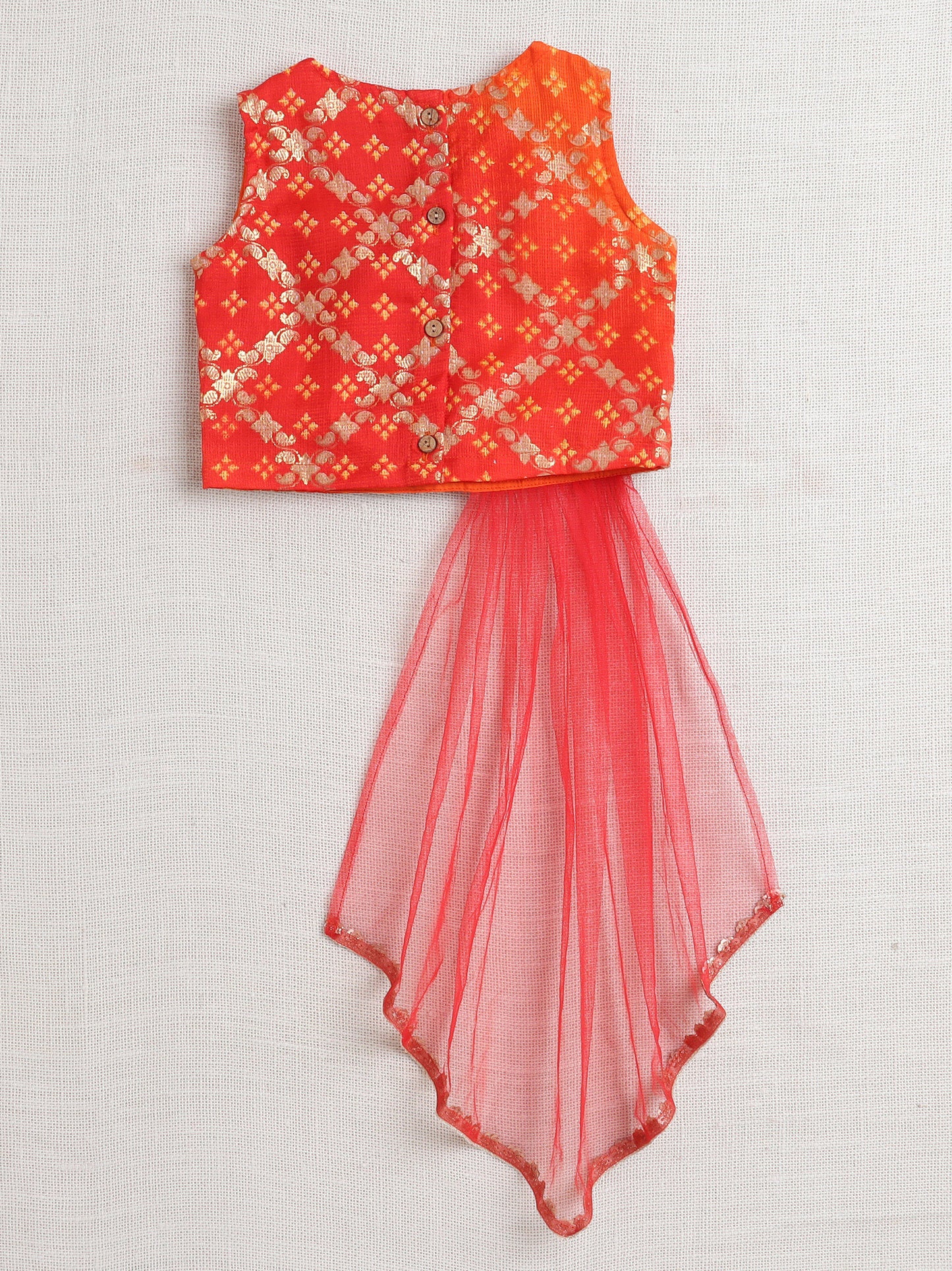 Kota Doria Sleeveless Lace Emebelished Choli With Attached Dupatta Lehenga Set For Girls-Orange