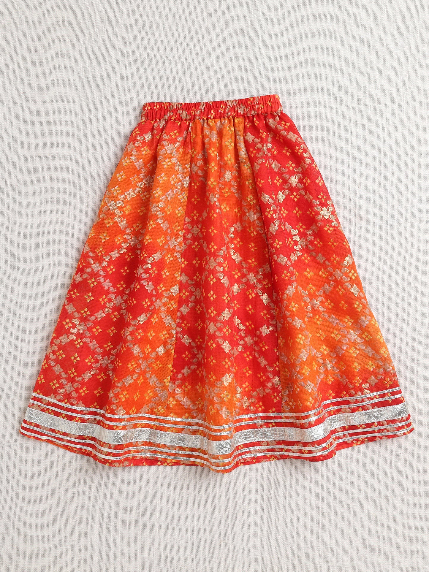 Kota Doria Sleeveless Lace Emebelished Choli With Attached Dupatta Lehenga Set For Girls-Orange