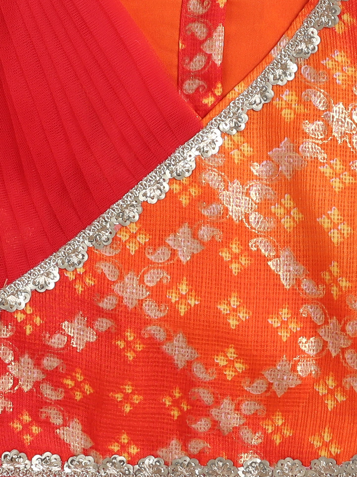 Kota Doria Sleeveless Lace Emebelished Choli With Attached Dupatta Lehenga Set For Girls-Orange