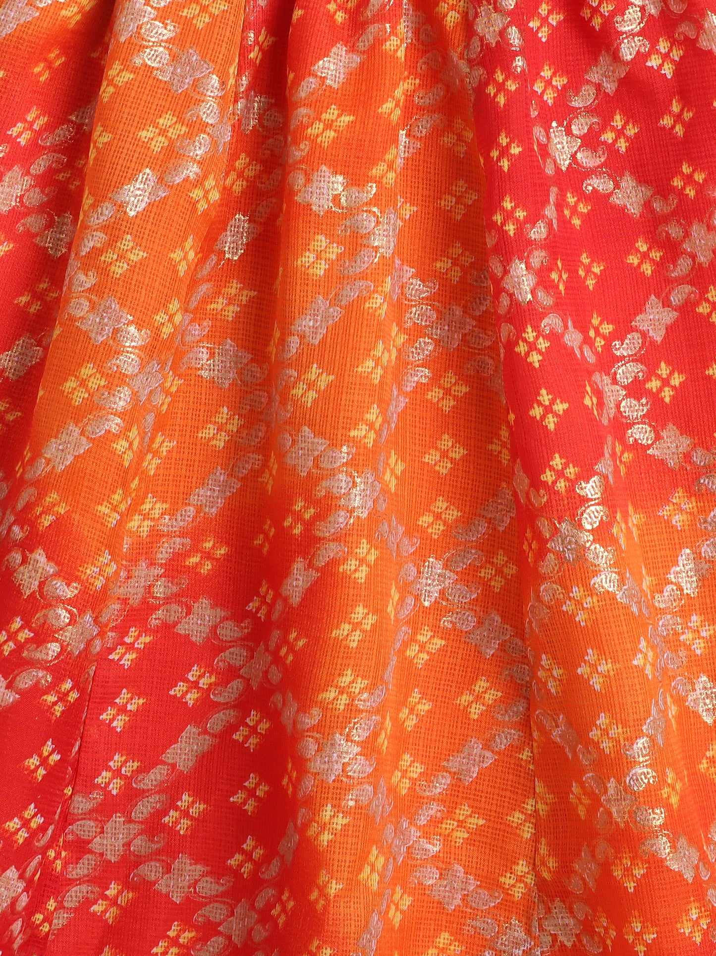 Kota Doria Sleeveless Lace Emebelished Choli With Attached Dupatta Lehenga Set For Girls-Orange