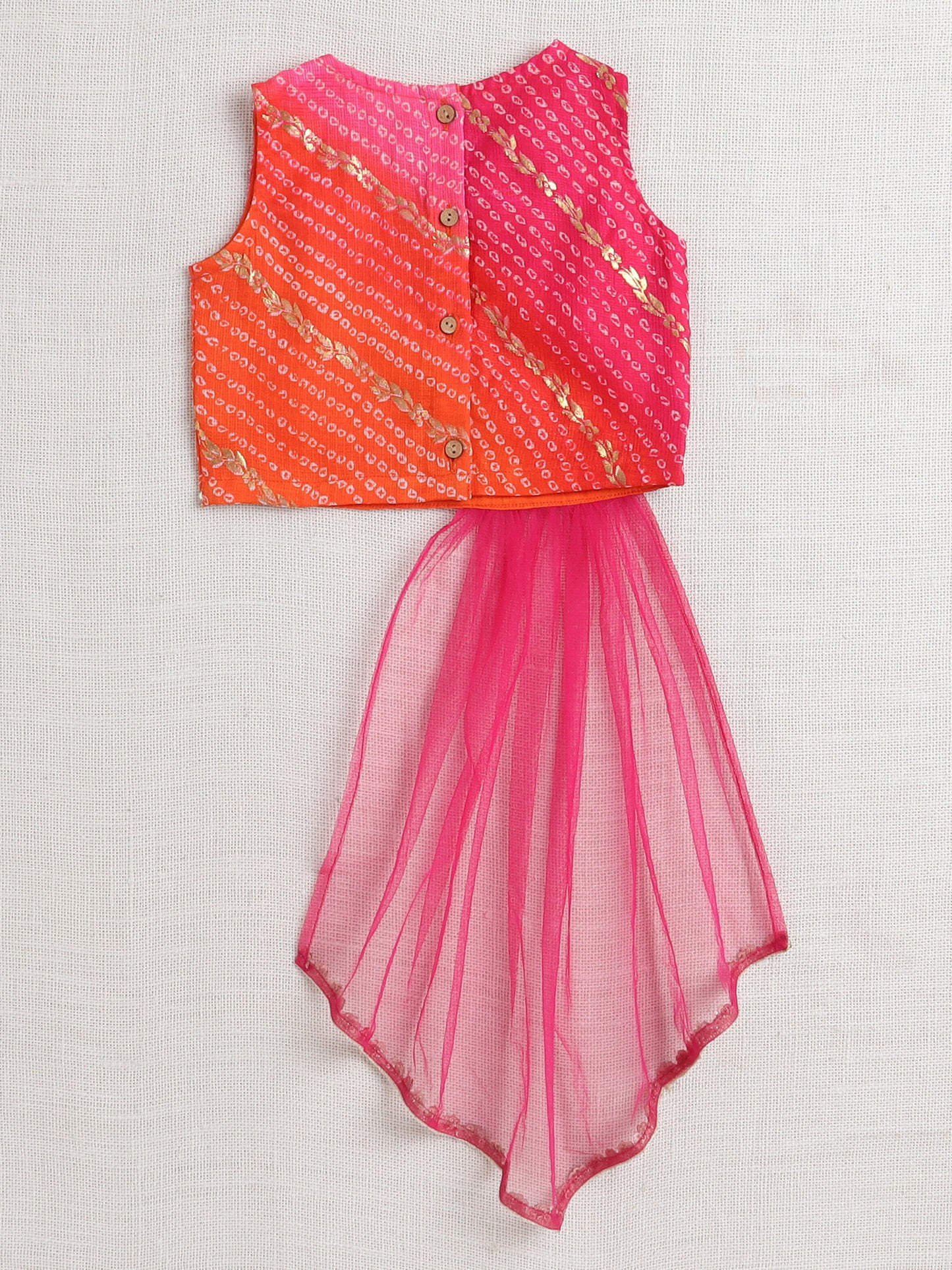 Kota Doria Sleeveless Lace Emebelished Choli With Attached Dupatta Lehenga Set For Girls-Fuchsia