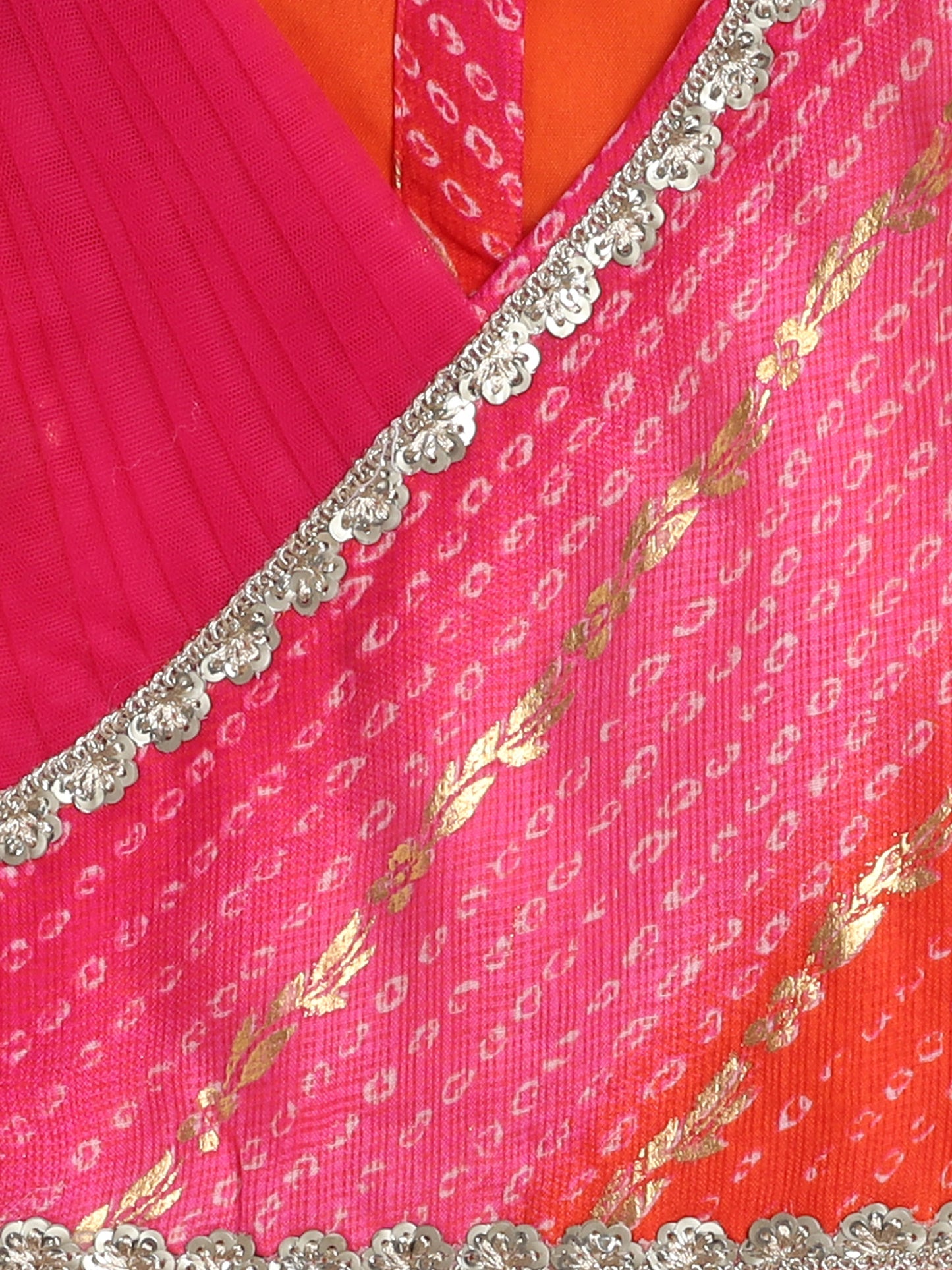 Kota Doria Sleeveless Lace Emebelished Choli With Attached Dupatta Lehenga Set For Girls-Fuchsia