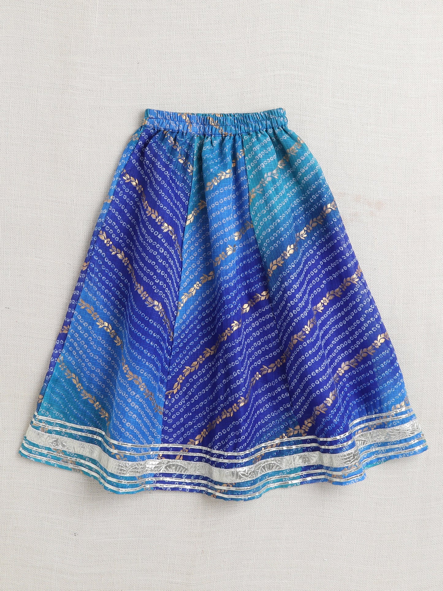 Kota Doria Sleeveless Lace Emebelished Choli With Attached Dupatta Lehenga Set For Girls-Blue