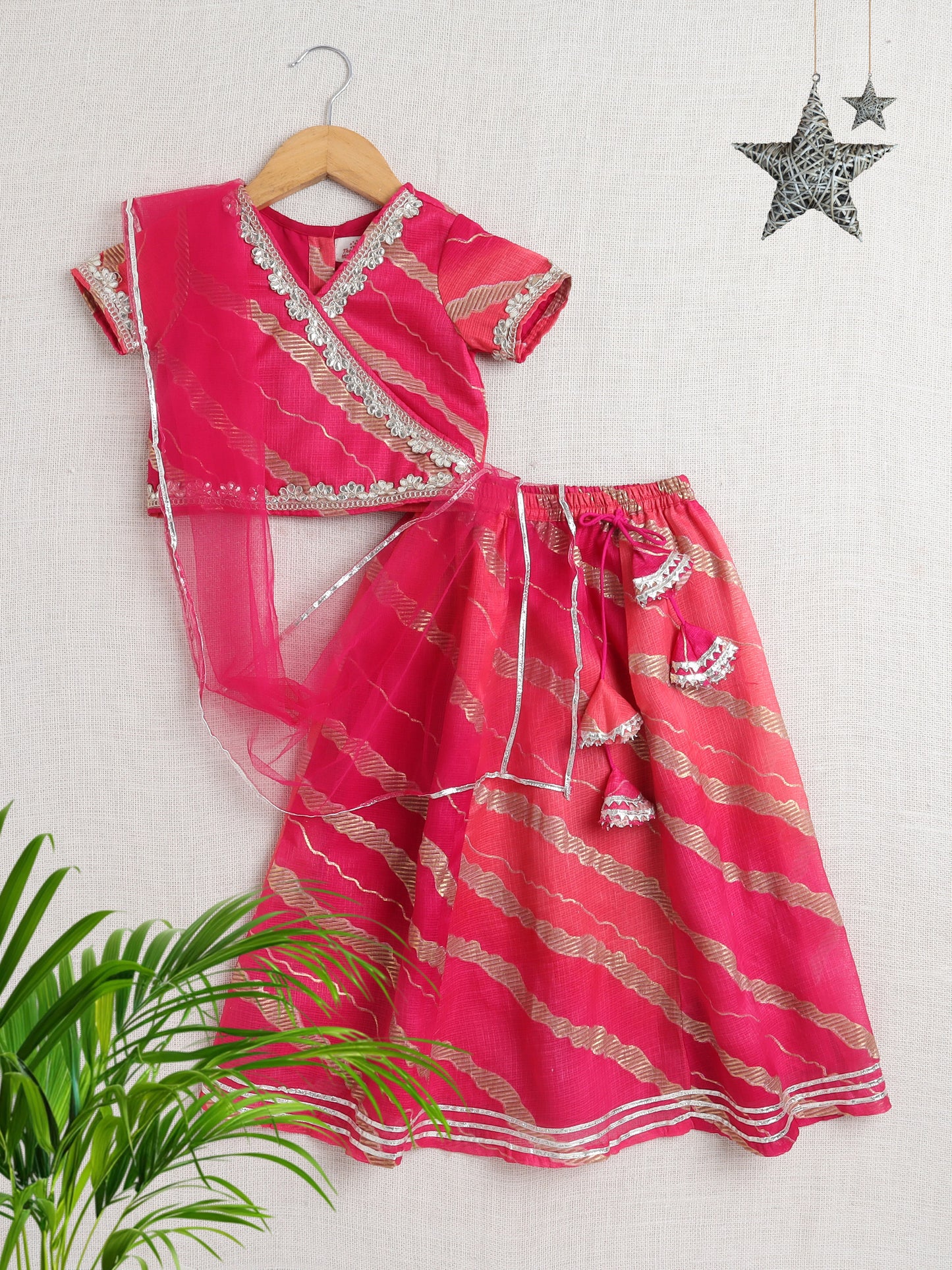 Kota Doria Lace Embellished Short Sleeves Choli With Lehenga And Dupatta Set For Girls-Fuchsia