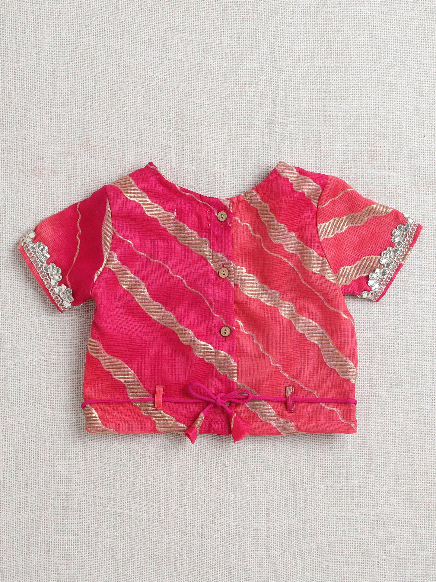 Kota Doria Lace Embellished Short Sleeves Choli With Lehenga And Dupatta Set For Girls-Fuchsia
