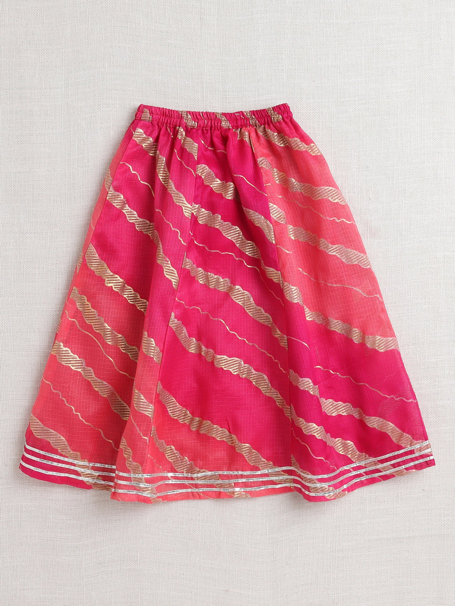 Kota Doria Lace Embellished Short Sleeves Choli With Lehenga And Dupatta Set For Girls-Fuchsia